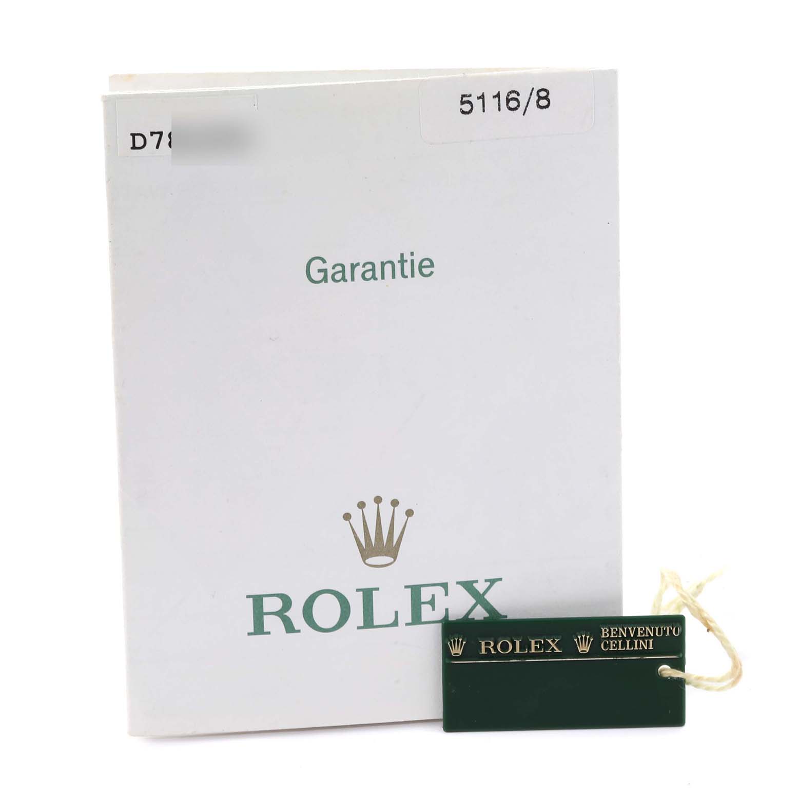 The image shows the guarantee booklet and tag for a Rolex Cellini 5116/8 Men's Yellow Gold Silver Dial 5116/8 Men's Yellow Gold Silver Dial model, with the tag displaying "ROLEX BENVENUTO CELLINI."