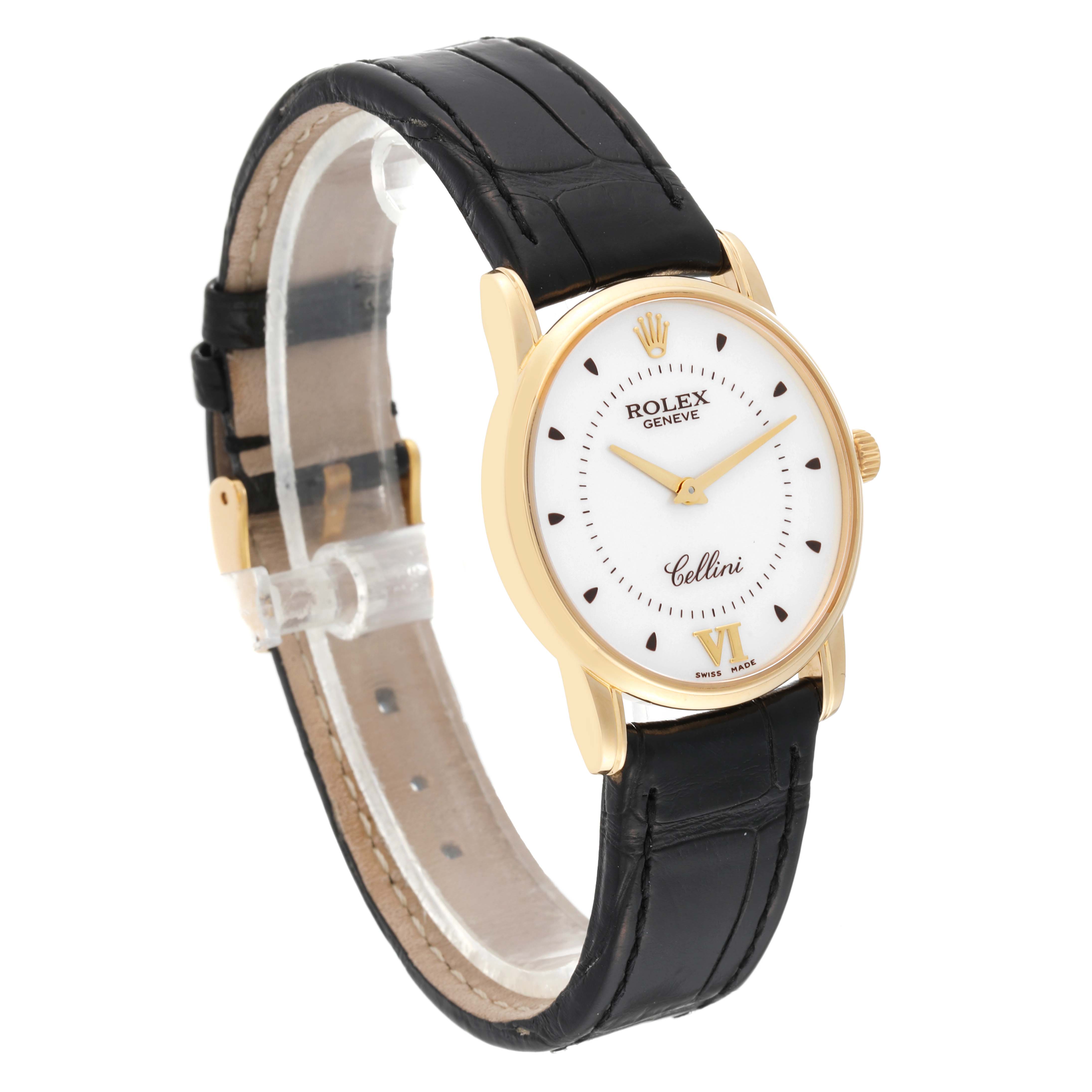 The Rolex Cellini 5116/8 Men's Yellow Gold Silver Dial 5116/8 Men's Yellow Gold Silver Dial watch is shown at a three-quarter angle, highlighting its black leather strap, white dial, and gold case.
