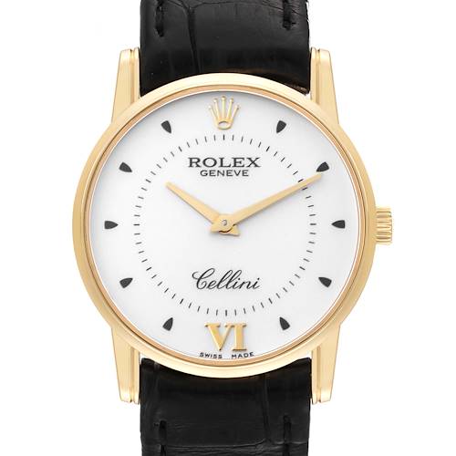 Photo of Rolex Cellini Classic 18k Yellow Gold Silver Dial Black Strap Watch 5116 Papers