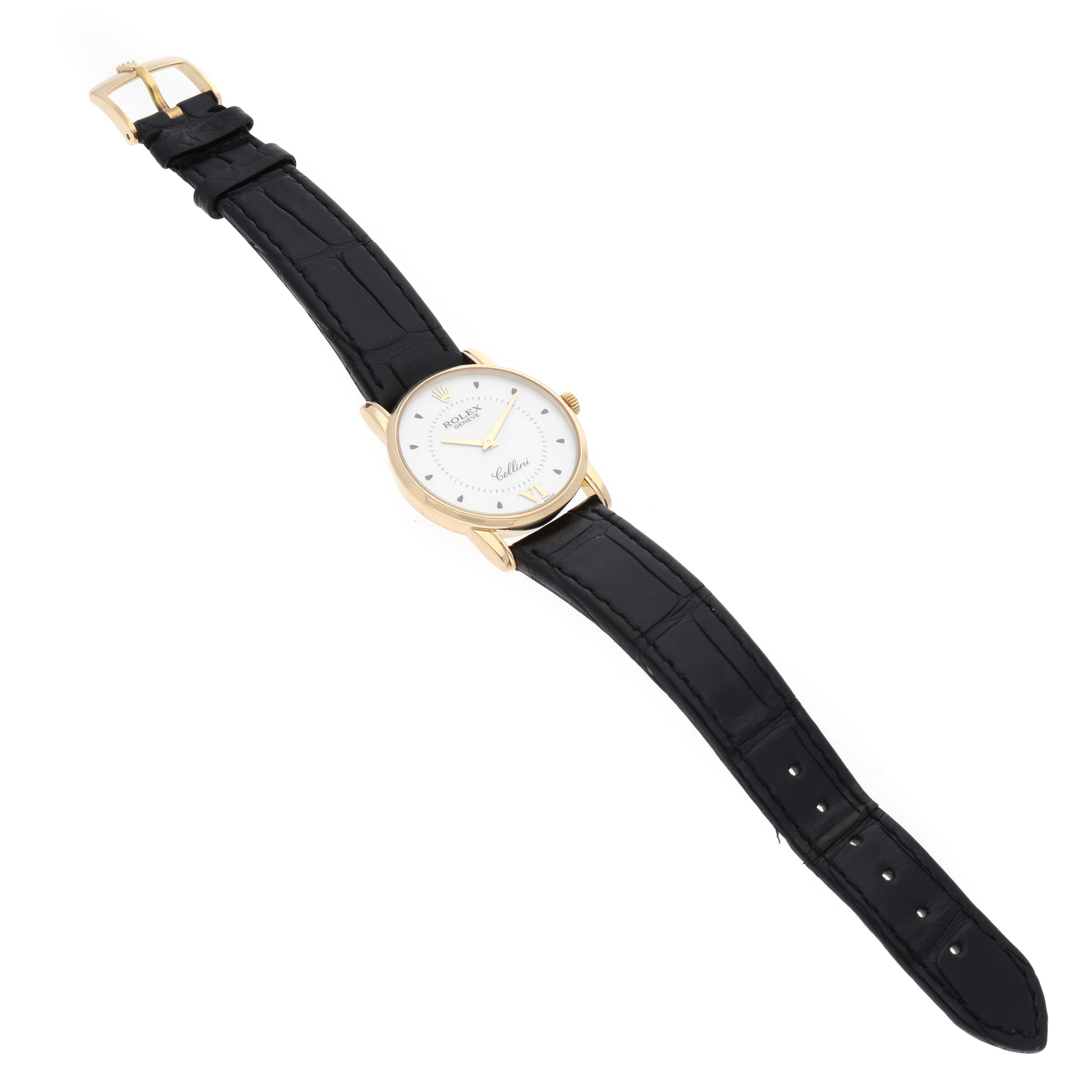 The image shows a Rolex Cellini 5116/8 Men's Yellow Gold Silver Dial 5116/8 Men's Yellow Gold Silver Dial watch at a slight angle with a visible face, black leather strap, and gold buckle.