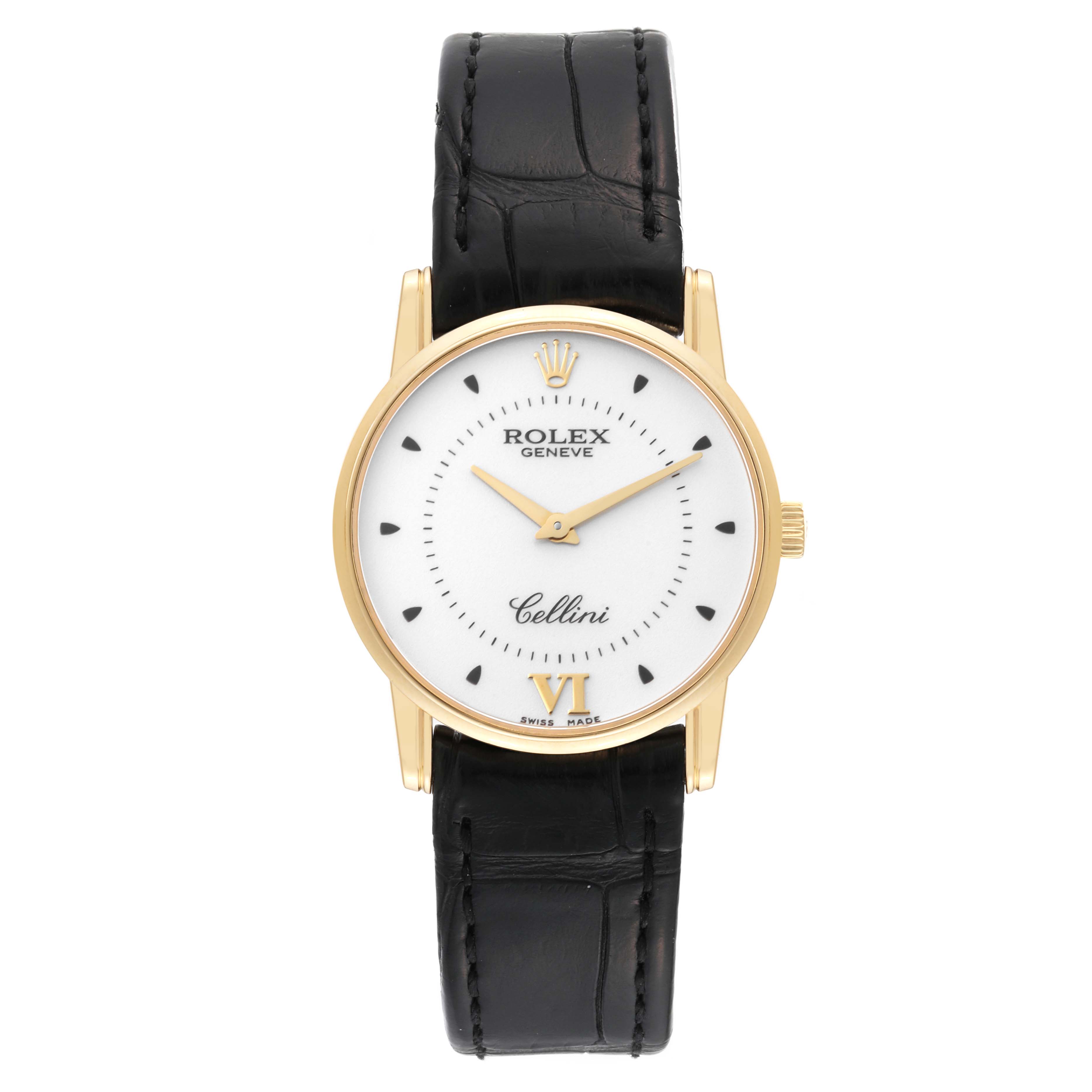 This image features a Rolex Cellini 5116/8 Men's Yellow Gold Silver Dial 5116/8 Men's Yellow Gold Silver Dial watch shown from the front, displaying the dial, hands, case, and leather strap.