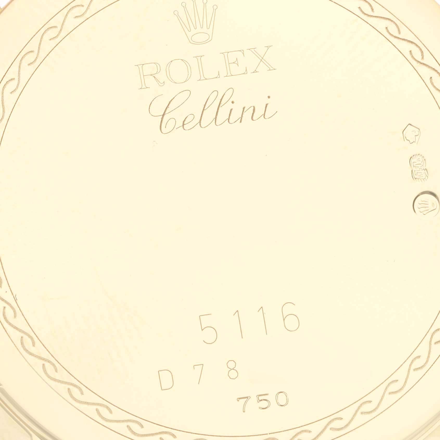 The image shows the back of a Rolex Cellini 5116/8 Men's Yellow Gold Silver Dial 5116/8 Men's Yellow Gold Silver Dial watch, featuring engraved branding and the model number 5116.