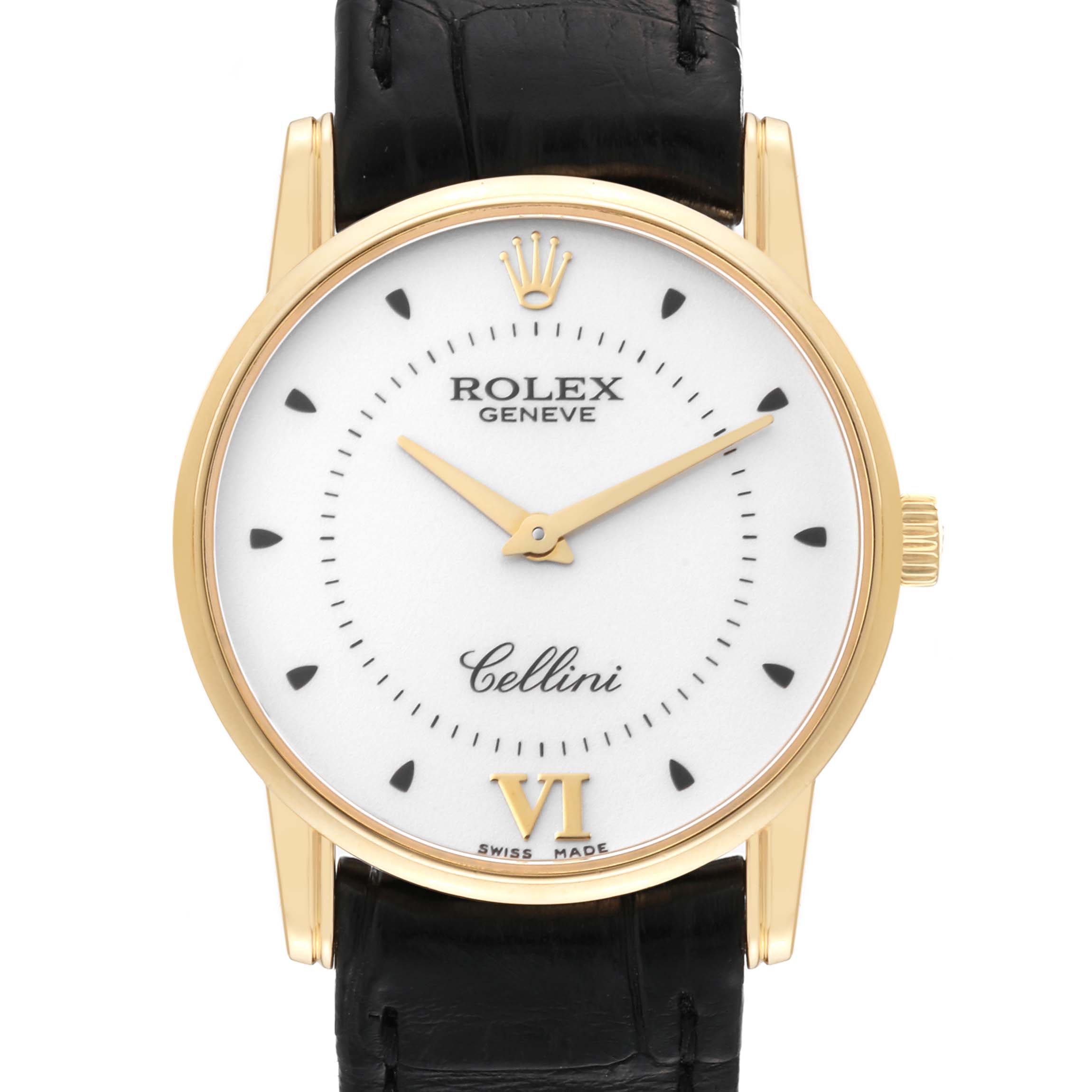 This image shows a front view of a Rolex Cellini 5116/8 Men's Yellow Gold Silver Dial 5116/8 Men's Yellow Gold Silver Dial watch, highlighting its face, hour markers, and leather strap.