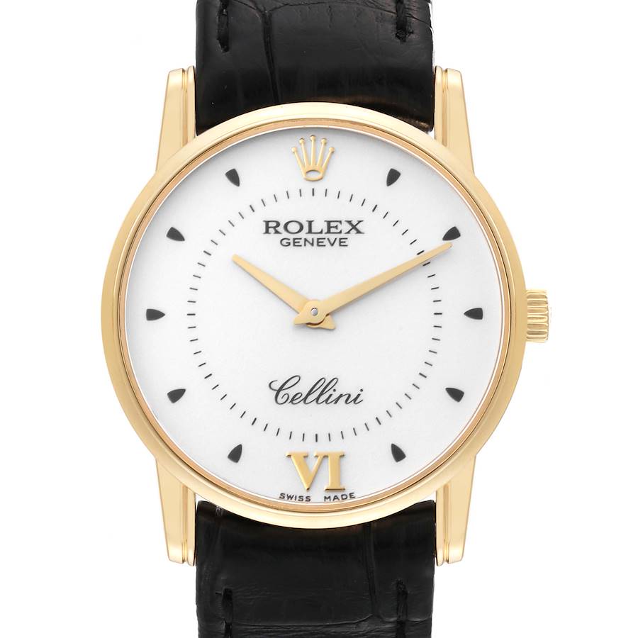 Rolex Cellini Classic 18k Yellow Gold Silver Dial Black Strap Watch 5116 Papers SwissWatchExpo