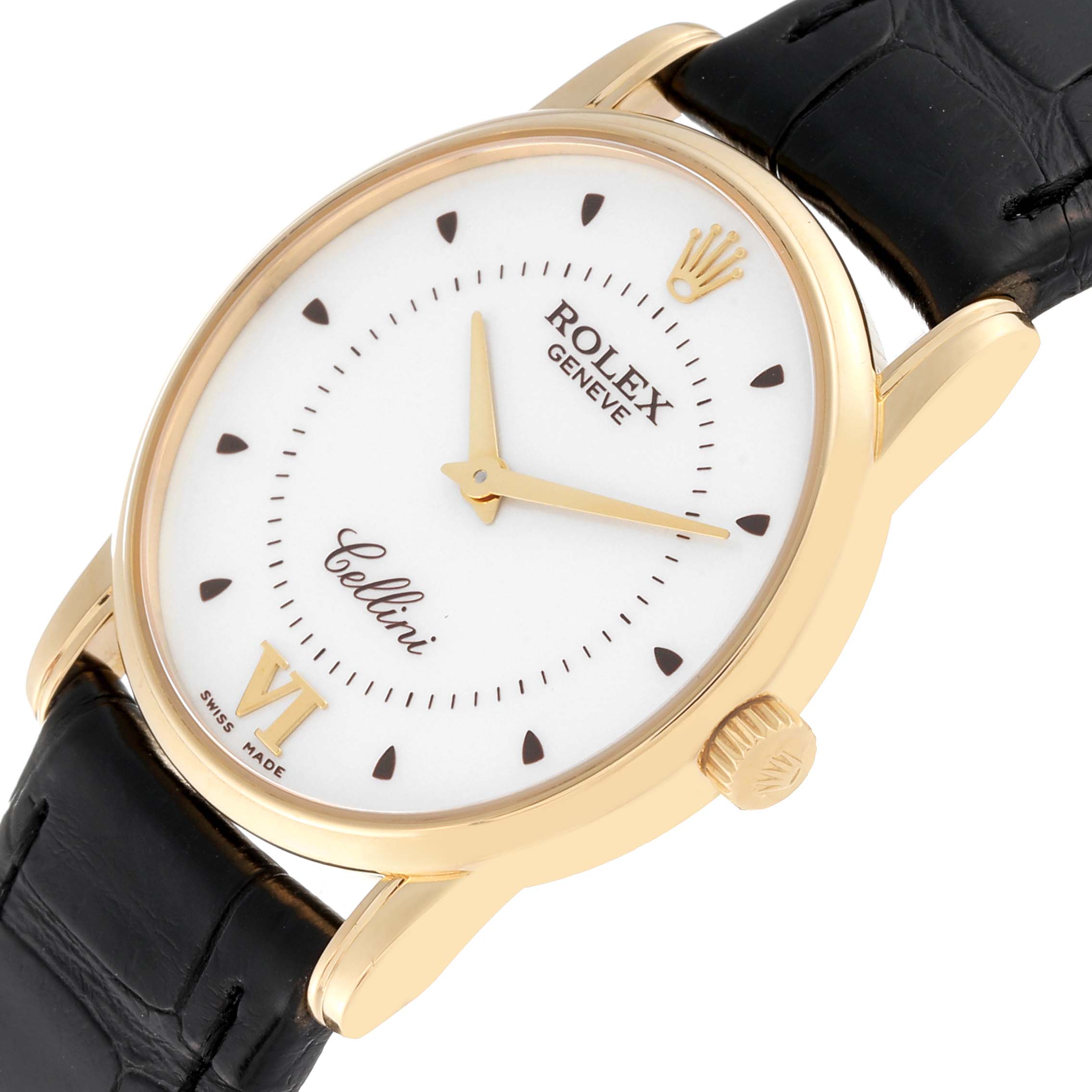 The image shows a close-up angled view of a Rolex Cellini 5116/8 Men's Yellow Gold Silver Dial 5116/8 Men's Yellow Gold Silver Dial watch, highlighting its white dial, gold case, and black leather strap.