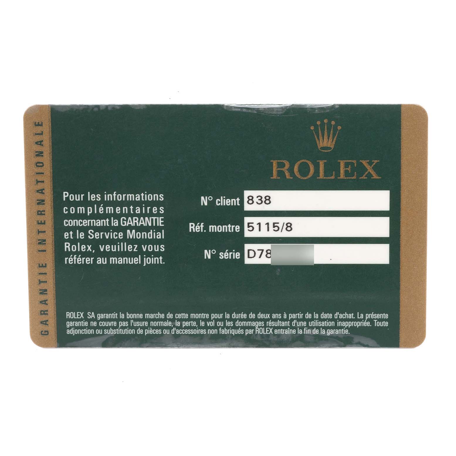 This image shows a warranty card for a Rolex Cellini 5115 Men's Yellow Gold Silver Dial 5115 Men's Yellow Gold Silver Dial model watch, displaying client, reference, and serial numbers.