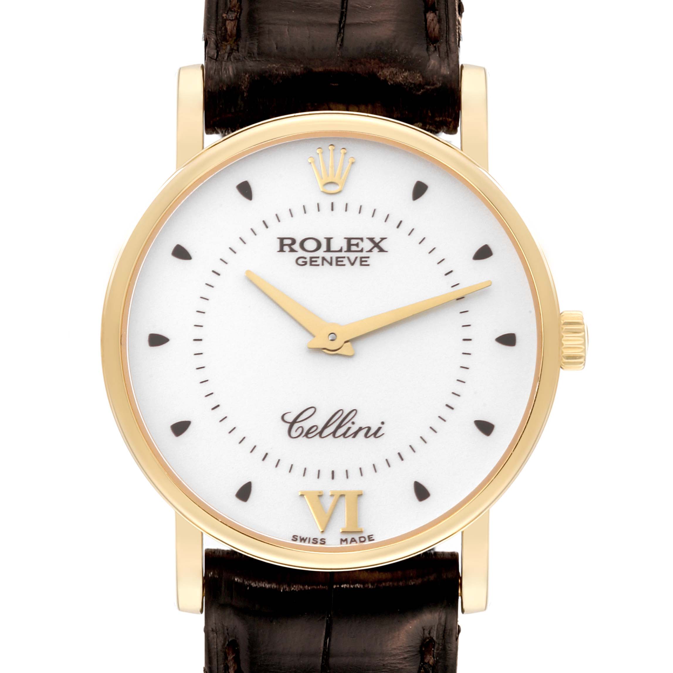 This image shows a front view of a Rolex Cellini 5115 Men's Yellow Gold Silver Dial 5115 Men's Yellow Gold Silver Dial watch with a gold case, white dial, and brown leather strap.