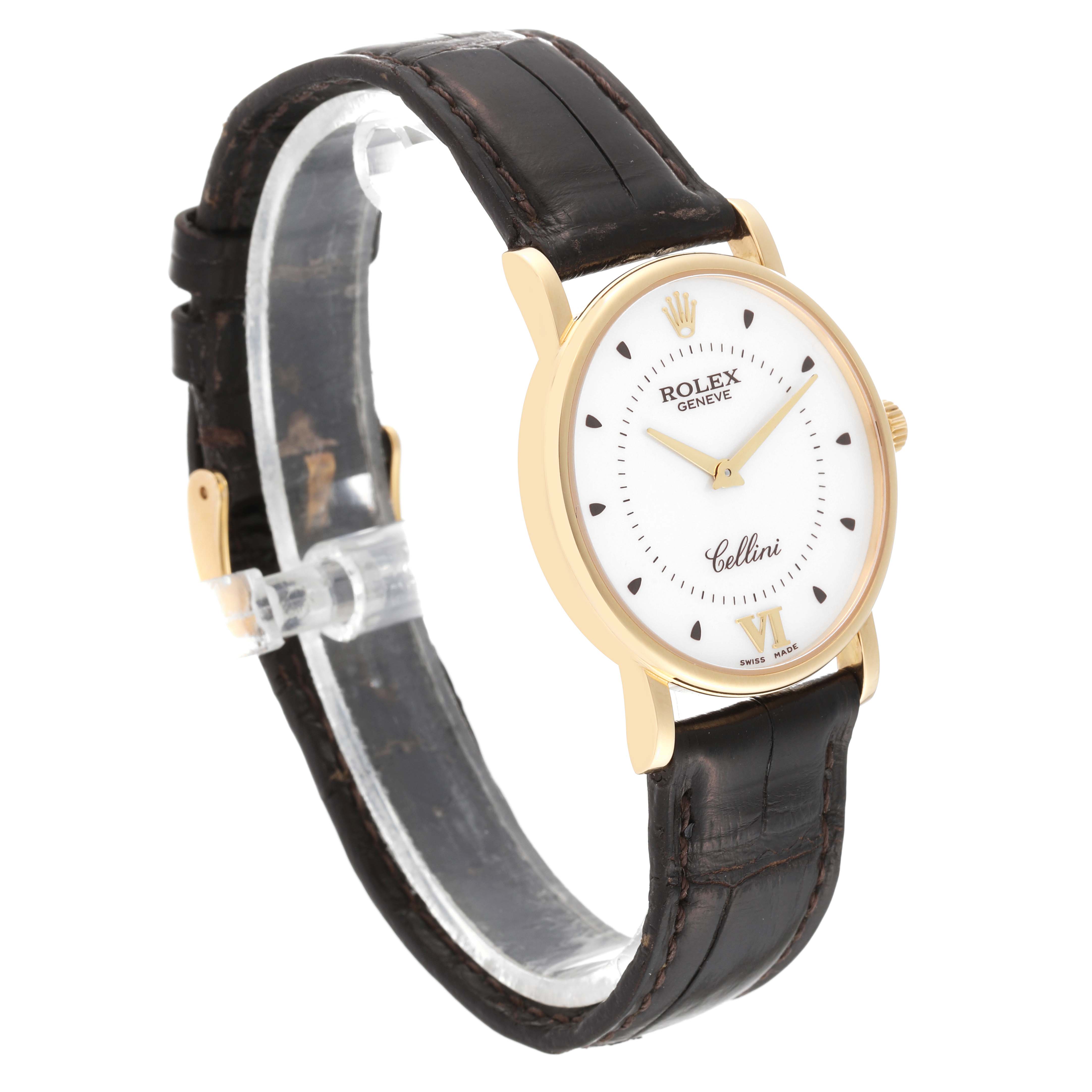 The Rolex Cellini 5115 Men's Yellow Gold Silver Dial 5115 Men's Yellow Gold Silver Dial watch is shown at a slight angle, displaying its white dial, gold case, and black leather strap.