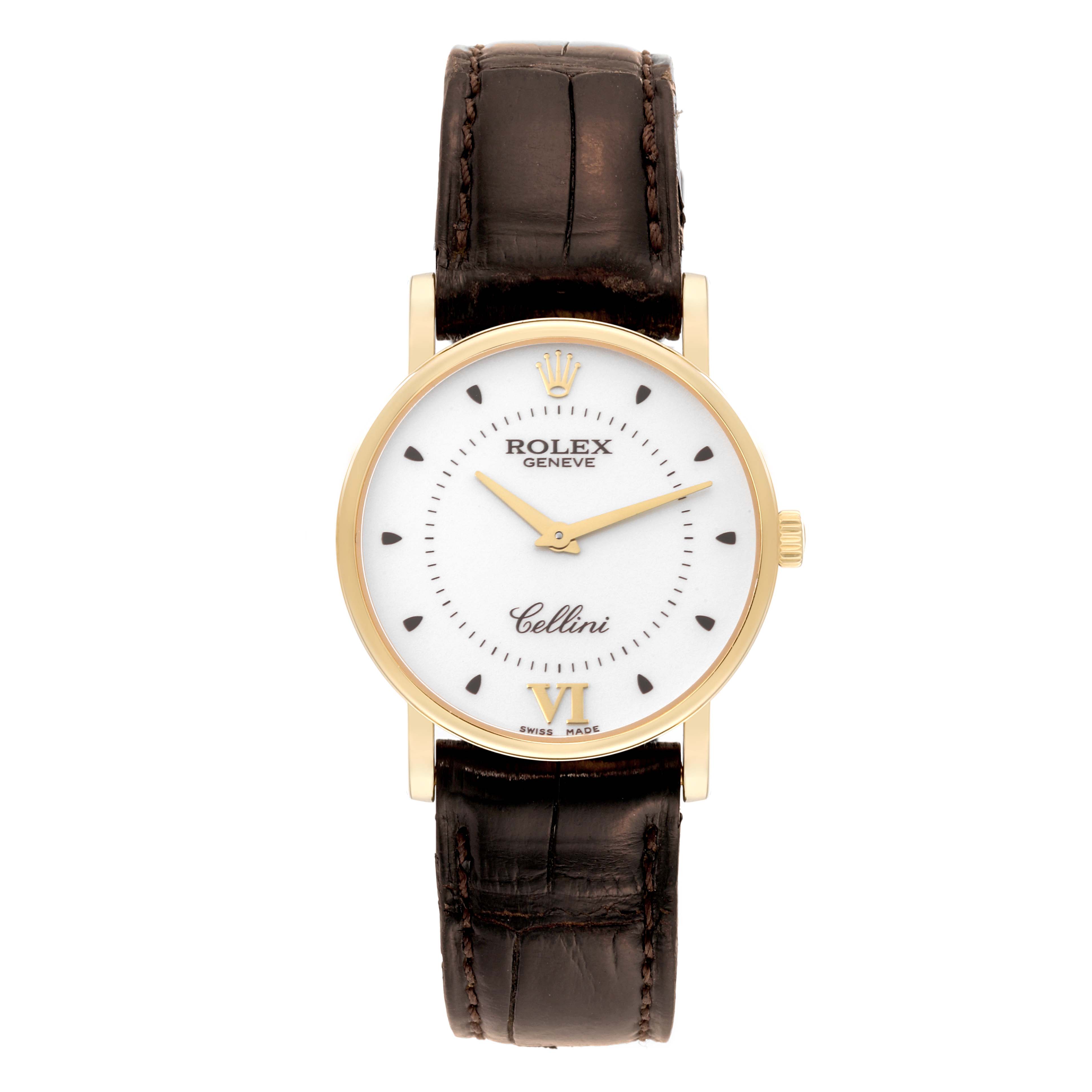 This image shows a Rolex Cellini 5115 Men's Yellow Gold Silver Dial 5115 Men's Yellow Gold Silver Dial watch from a front angle, displaying the dial, hands, case, and leather strap.
