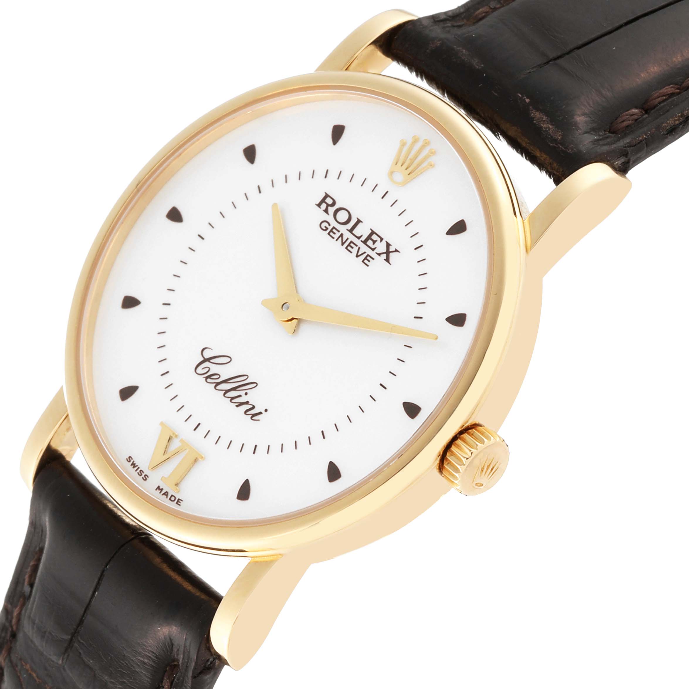 The Rolex Cellini 5115 Men's Yellow Gold Silver Dial 5115 Men's Yellow Gold Silver Dial watch is shown from a slight angle, highlighting the dial, crown, and part of the leather strap.