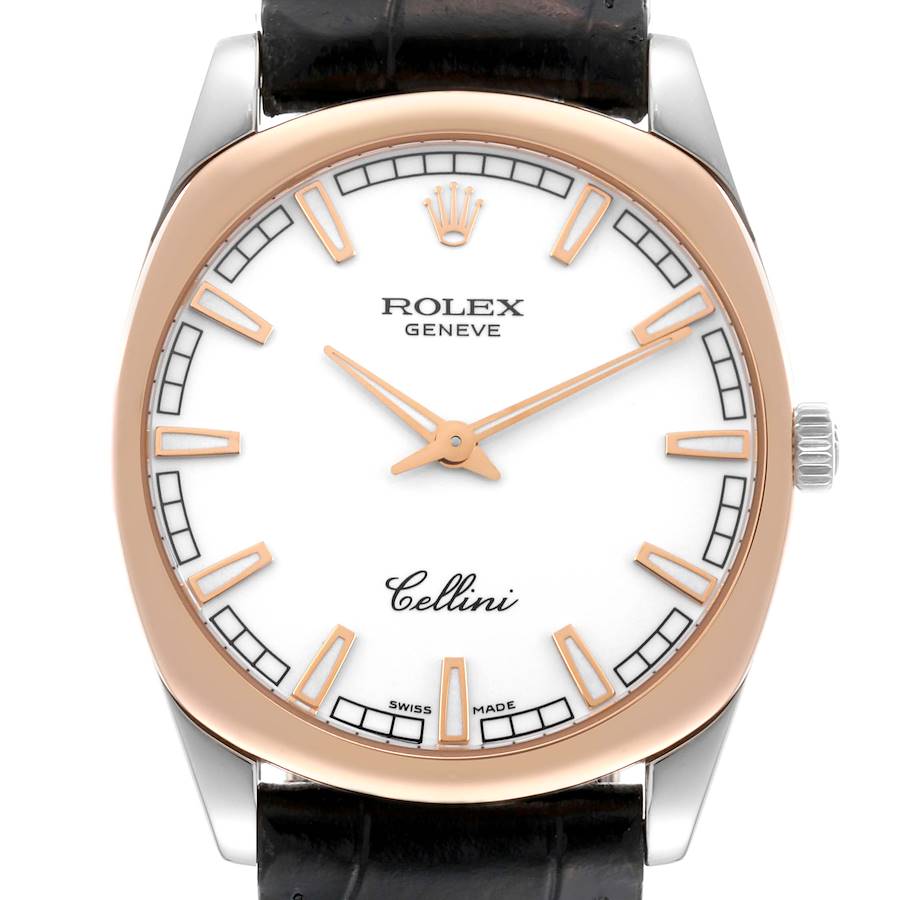 The image shows a front view of a Rolex Cellini watch, highlighting the dial, hands, crown, and part of the strap.