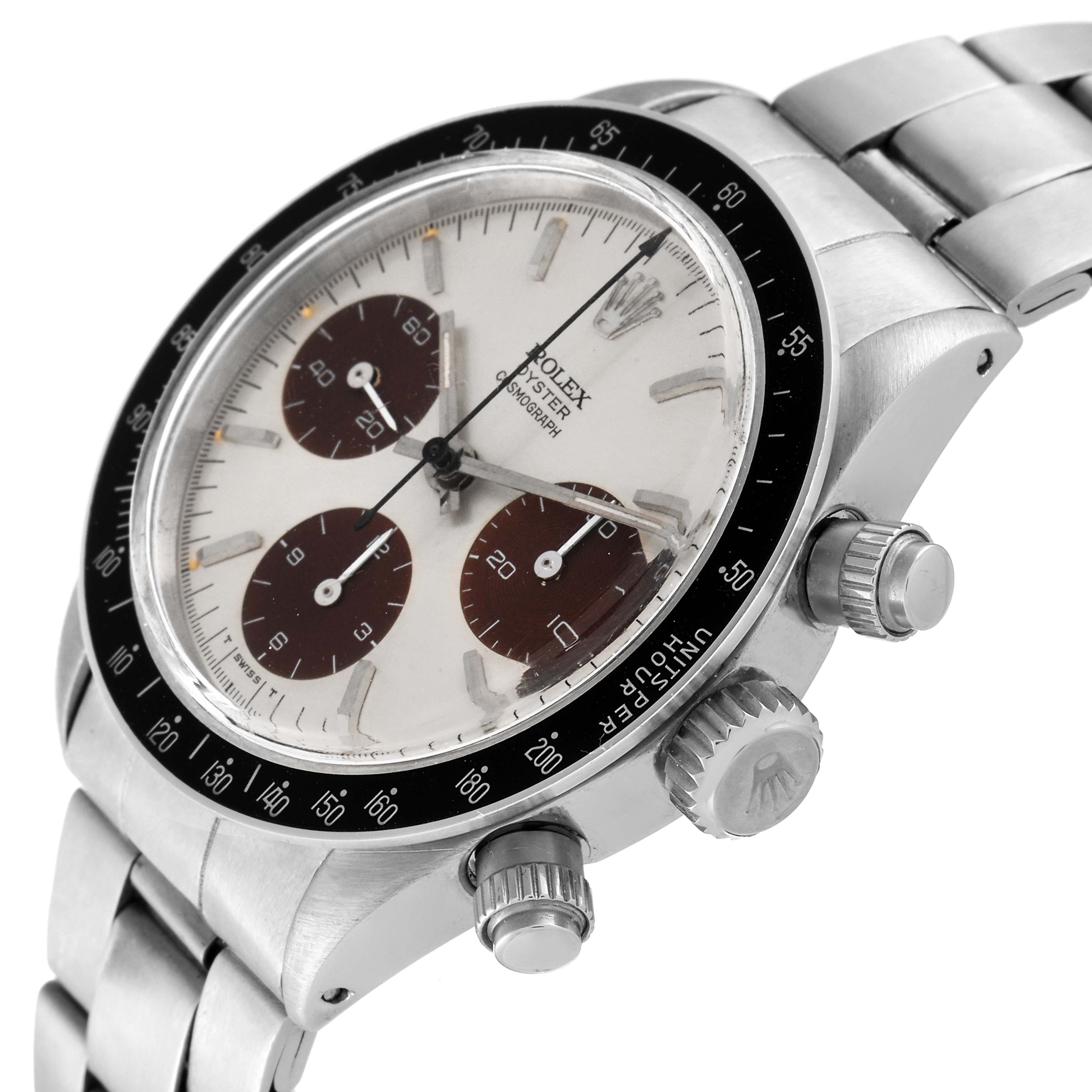 The image shows a close-up angle of a Rolex Vintage Collection 6240 Men's Stainless Steel Silver Dial 6240 Men's Stainless Steel Silver Dial watch, highlighting the dial, bezel, chronograph subdials, and crown.