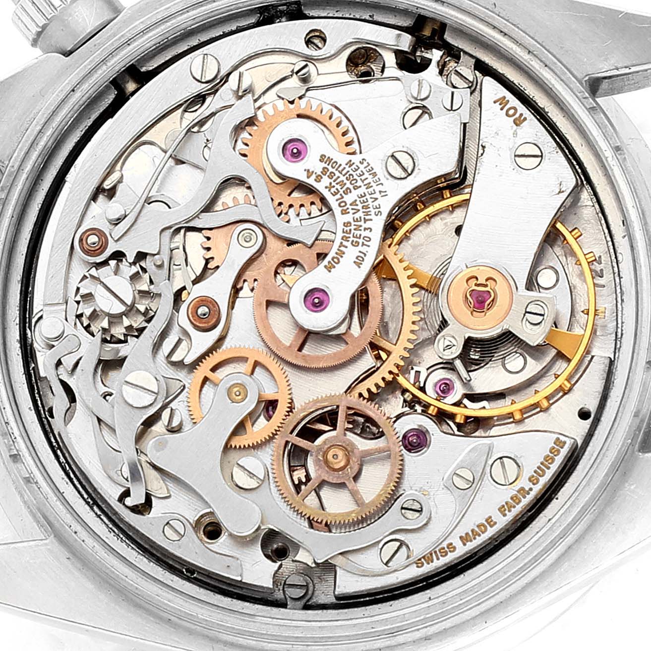 This close-up image shows the internal mechanism and gears of a Rolex Vintage Collection 6240 Men's Stainless Steel Silver Dial 6240 Men's Stainless Steel Silver Dial watch.