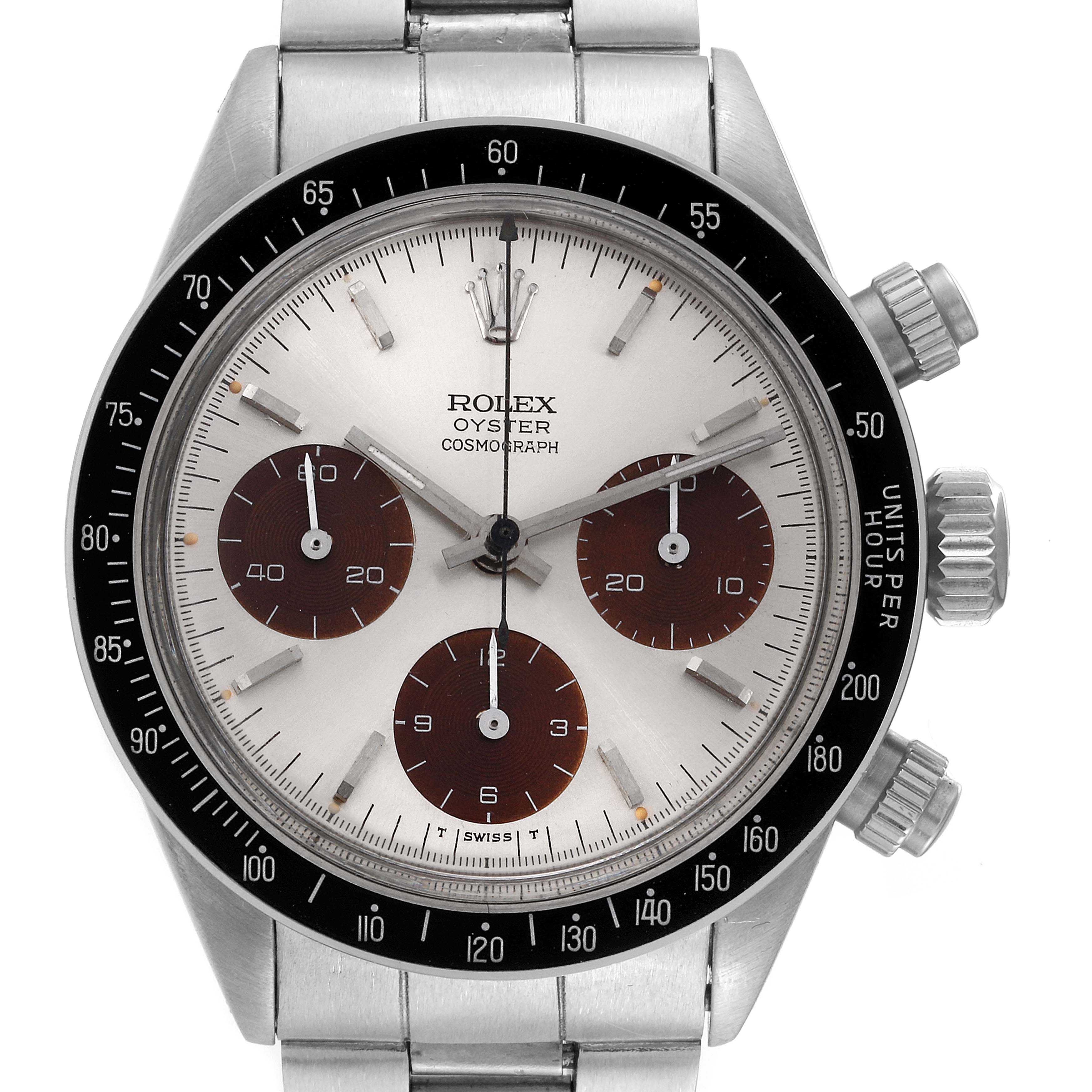The image shows a front view of a Rolex Vintage Collection 6240 Men's Stainless Steel Silver Dial 6240 Men's Stainless Steel Silver Dial Cosmograph watch, displaying the face and bezel clearly.