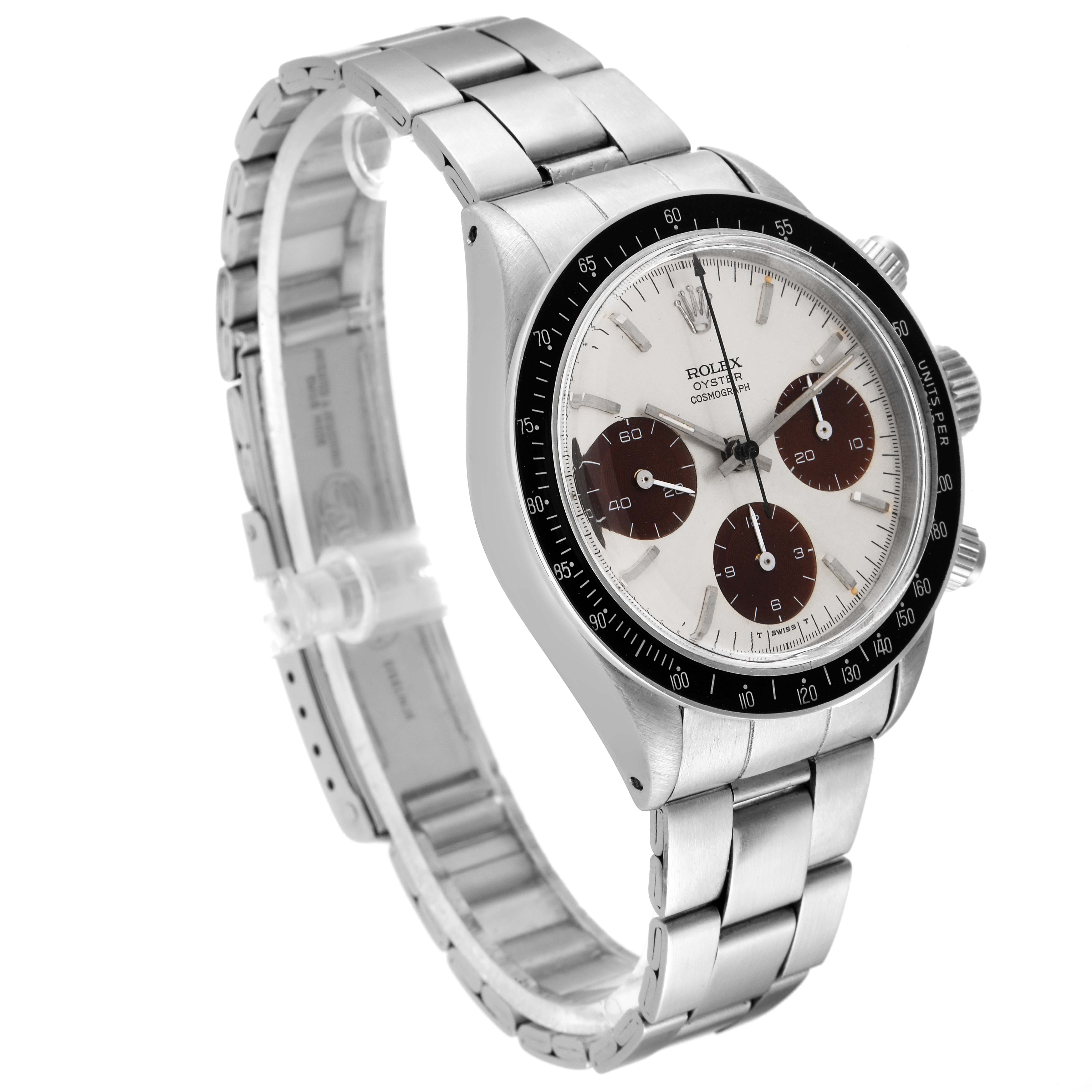 The image shows a side angle view of a Vintage Collection Rolex watch, highlighting the watch face, bezel, and stainless steel bracelet.