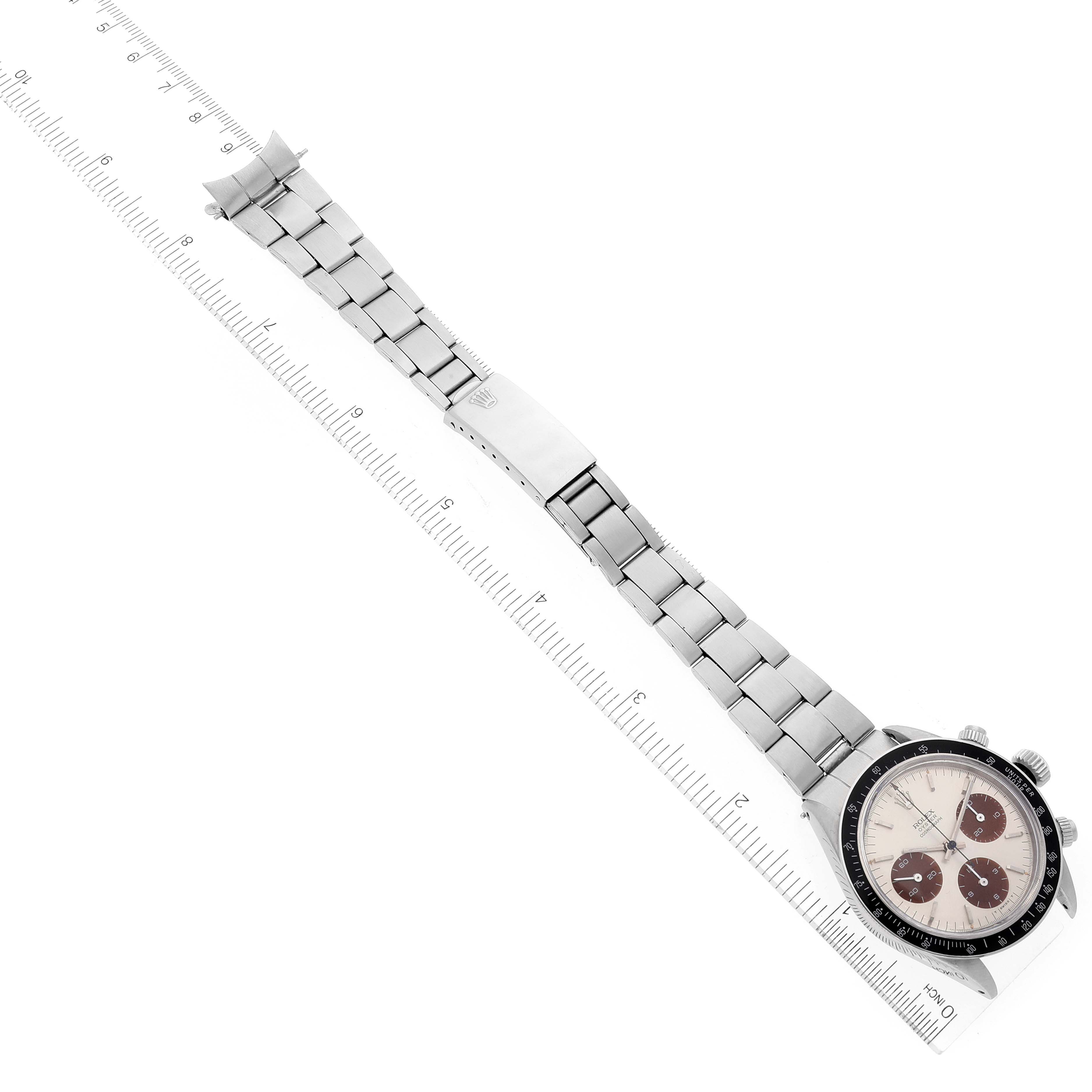 The image displays a top view of the Rolex Vintage Collection 6240 Men's Stainless Steel Silver Dial 6240 Men's Stainless Steel Silver Dial watch, including the face, bezel, and entire bracelet.