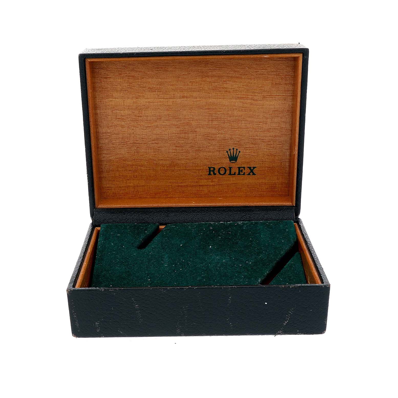 The image shows an open watch box for the Rolex Vintage Collection 6240 Men's Stainless Steel Silver Dial 6240 Men's Stainless Steel Silver Dial model, revealing its inner green velvet lining and wooden interior lid.