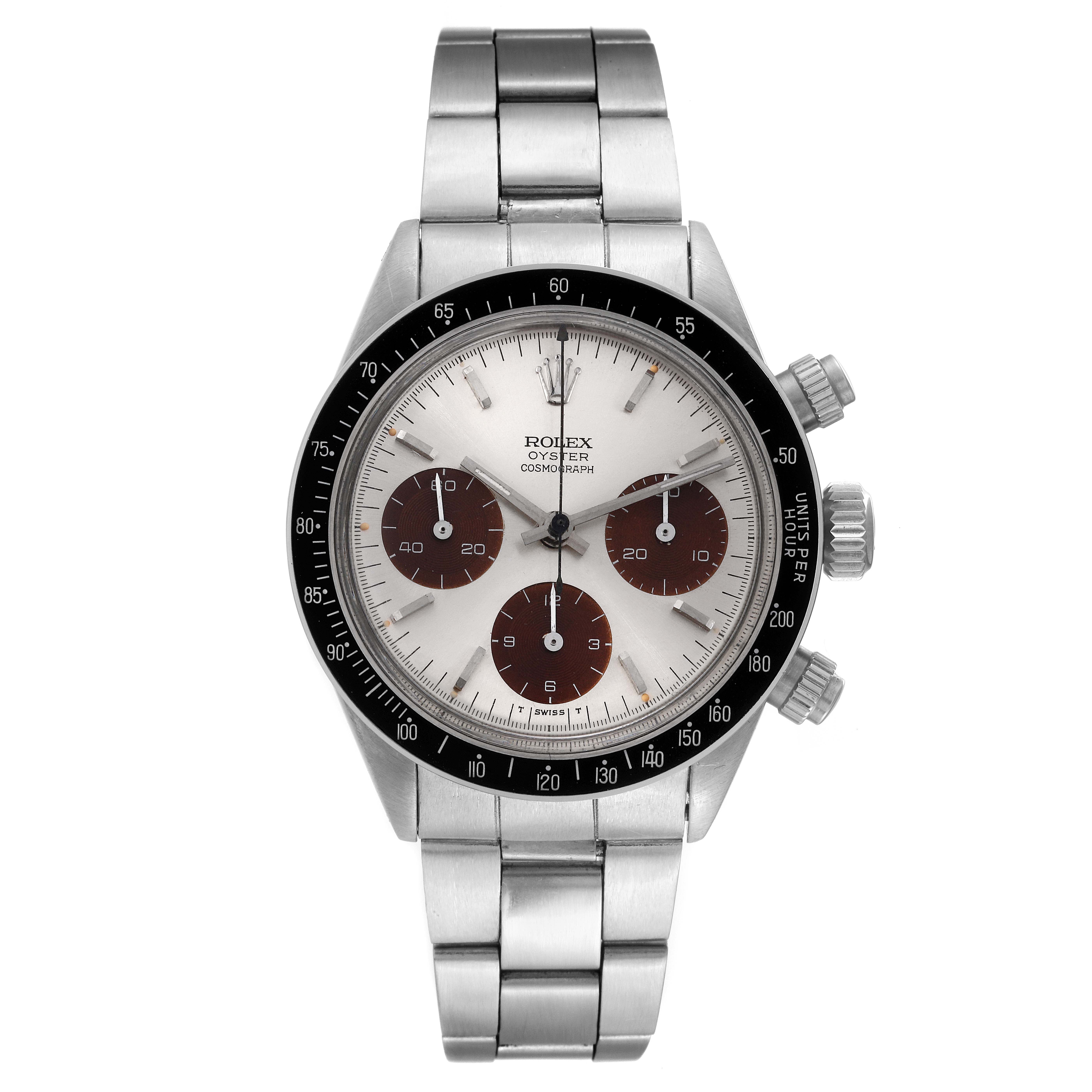 The Rolex Vintage Collection 6240 Men's Stainless Steel Silver Dial 6240 Men's Stainless Steel Silver Dial model watch is displayed front-on, showcasing its face, bezel, and stainless steel bracelet.