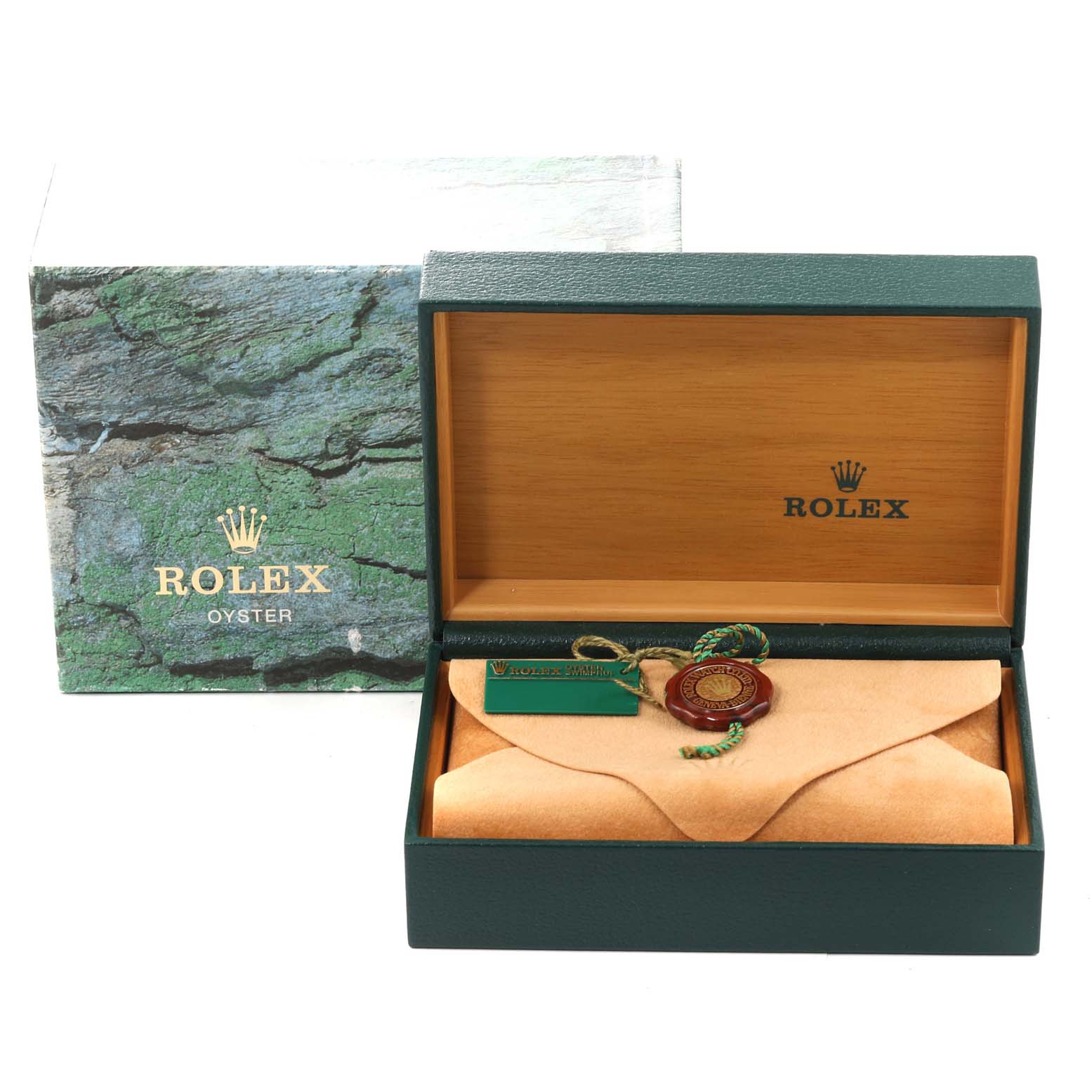 The image shows a Rolex Date 15200 Men's Stainless Steel Black Dial 15200 Men's Stainless Steel Black Dial model watch box, packaging, and tags, viewed from the front.