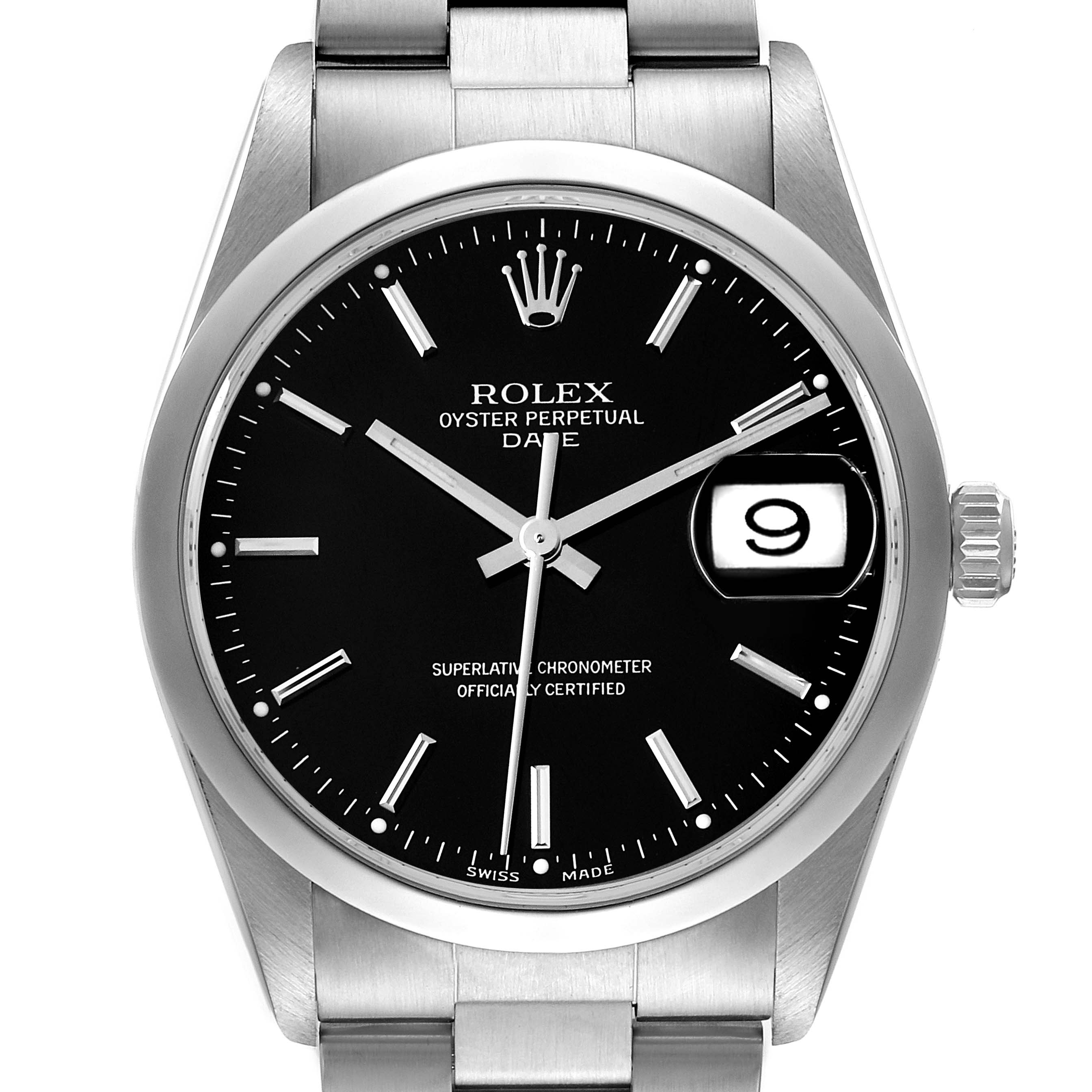 The image shows a front view of a Rolex Date 15200 Men's Stainless Steel Black Dial 15200 Men's Stainless Steel Black Dial model watch, featuring its dial, crown, and part of the bracelet.