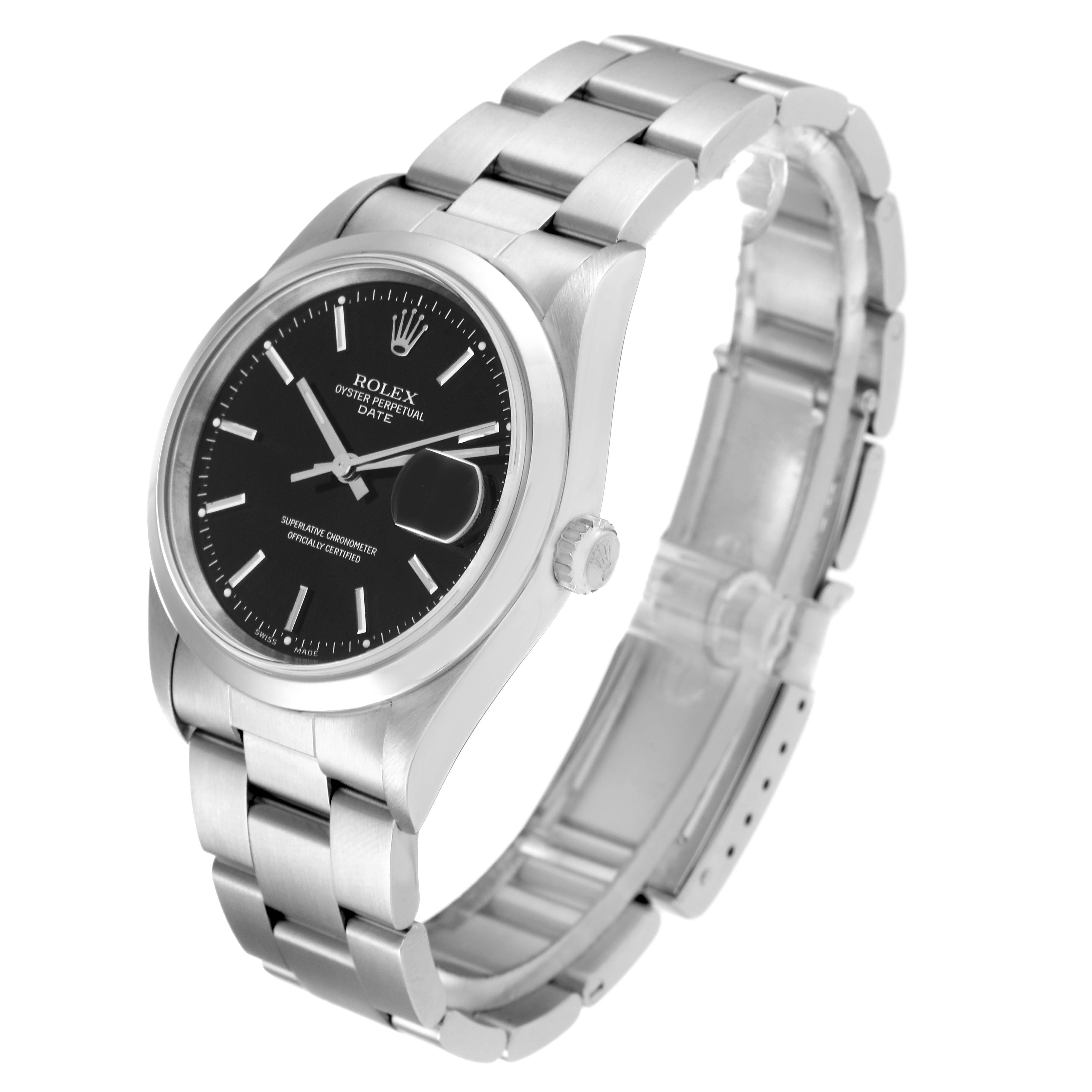 The image shows a Rolex Date 15200 Men's Stainless Steel Black Dial 15200 Men's Stainless Steel Black Dial model watch at an angled view, highlighting the face, bezel, crown, and bracelet.