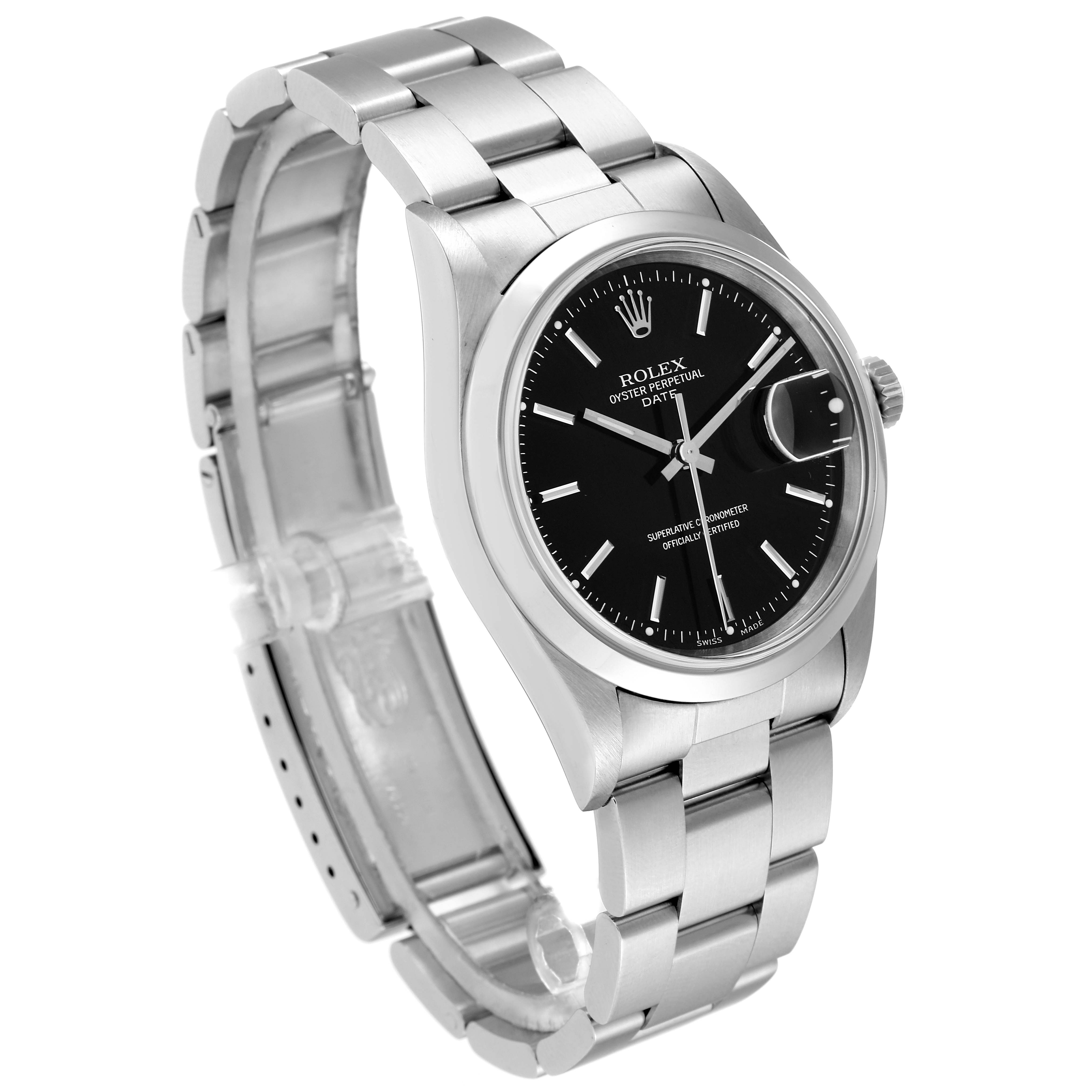 The image shows a Rolex Date 15200 Men's Stainless Steel Black Dial 15200 Men's Stainless Steel Black Dial model watch at a three-quarter angle, highlighting the dial, bracelet, and clasp.