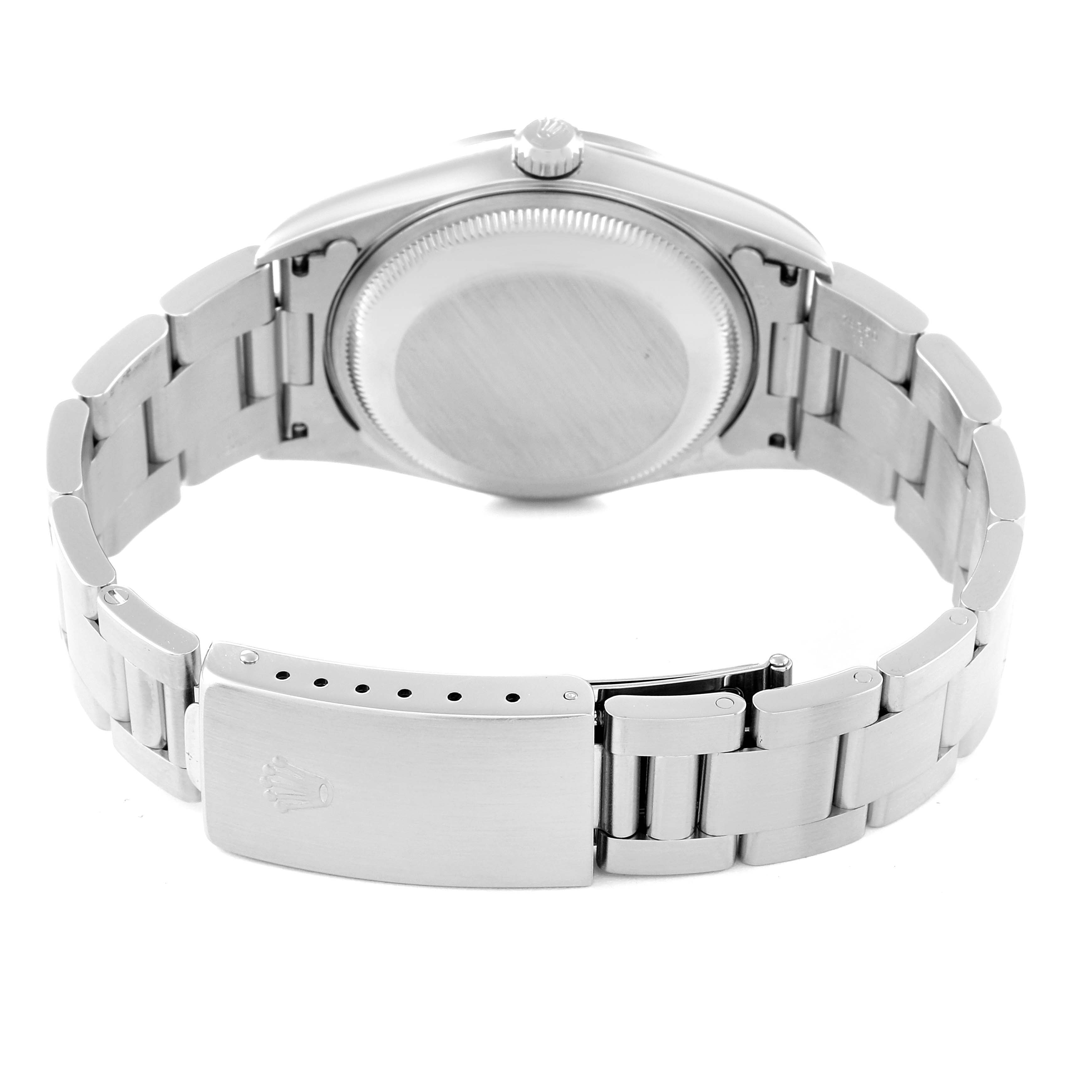 The image shows the back view of a Rolex Date 15200 Men's Stainless Steel Black Dial 15200 Men's Stainless Steel Black Dial model watch, focusing on the case back, bracelet, and clasp.