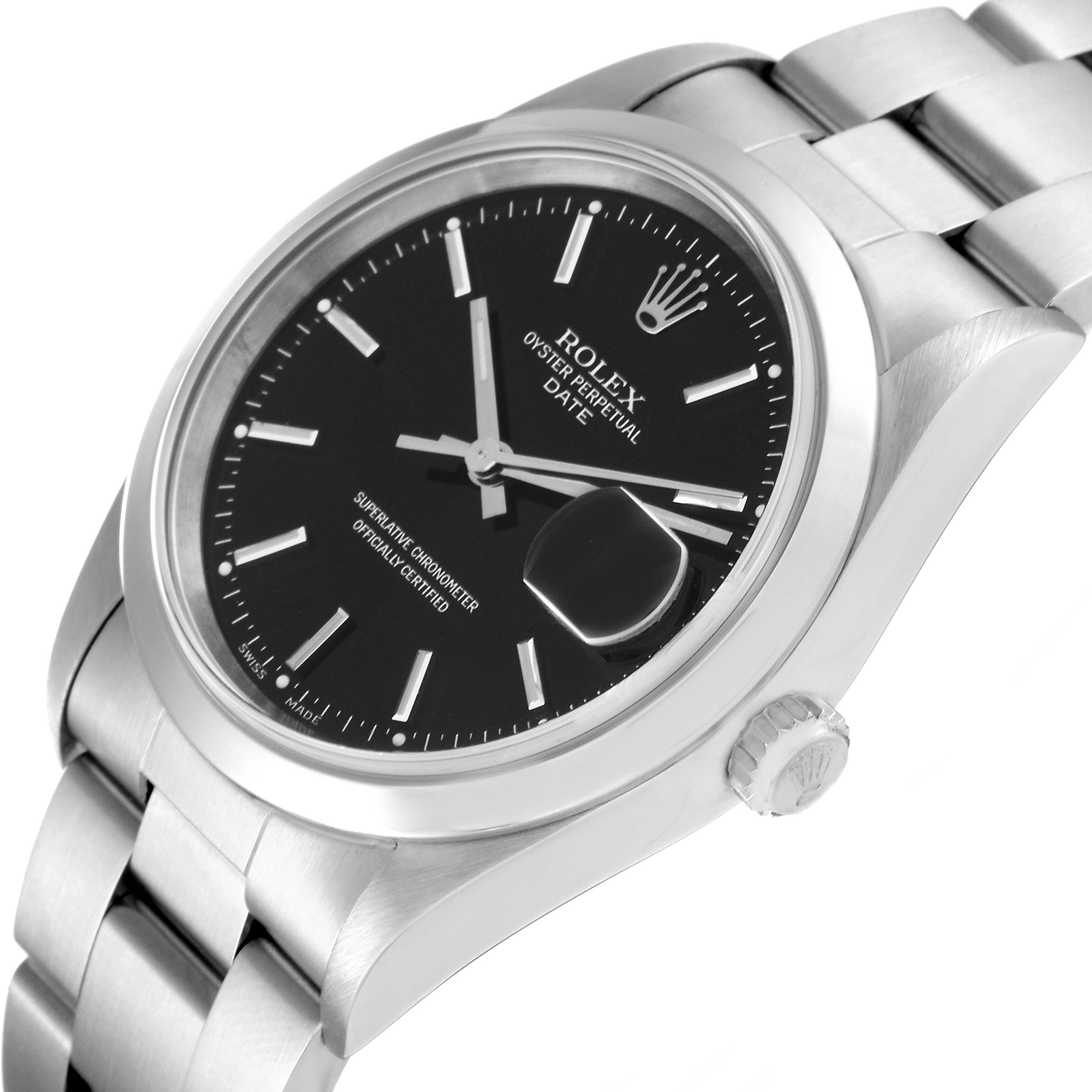 The image shows a Rolex Date 15200 Men's Stainless Steel Black Dial 15200 Men's Stainless Steel Black Dial model watch at a slightly tilted angle, highlighting its dial, crown, and part of the bracelet.