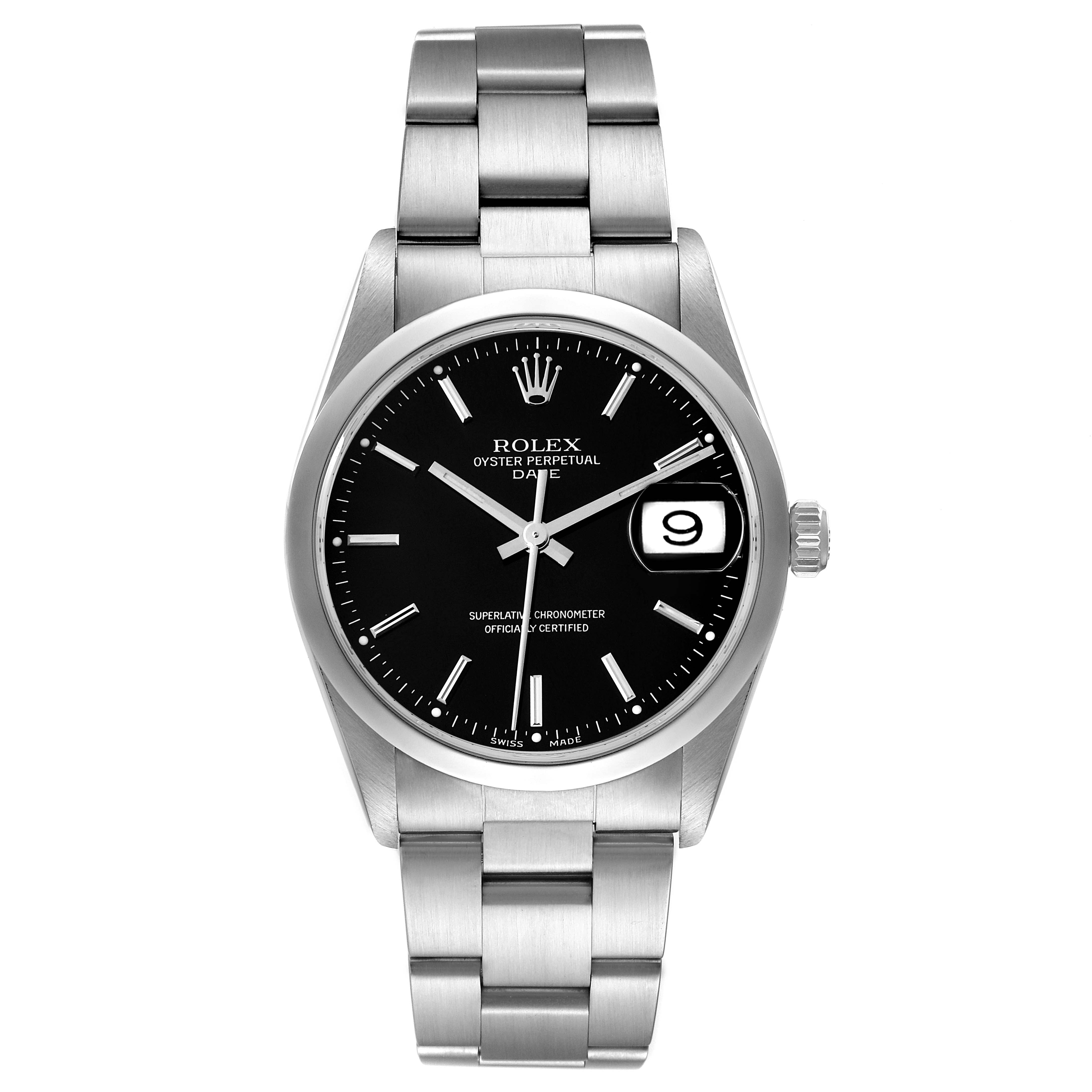 The image shows a Rolex Date 15200 Men's Stainless Steel Black Dial 15200 Men's Stainless Steel Black Dial model watch with a black dial, date window, and stainless steel bracelet from a top-down angle.