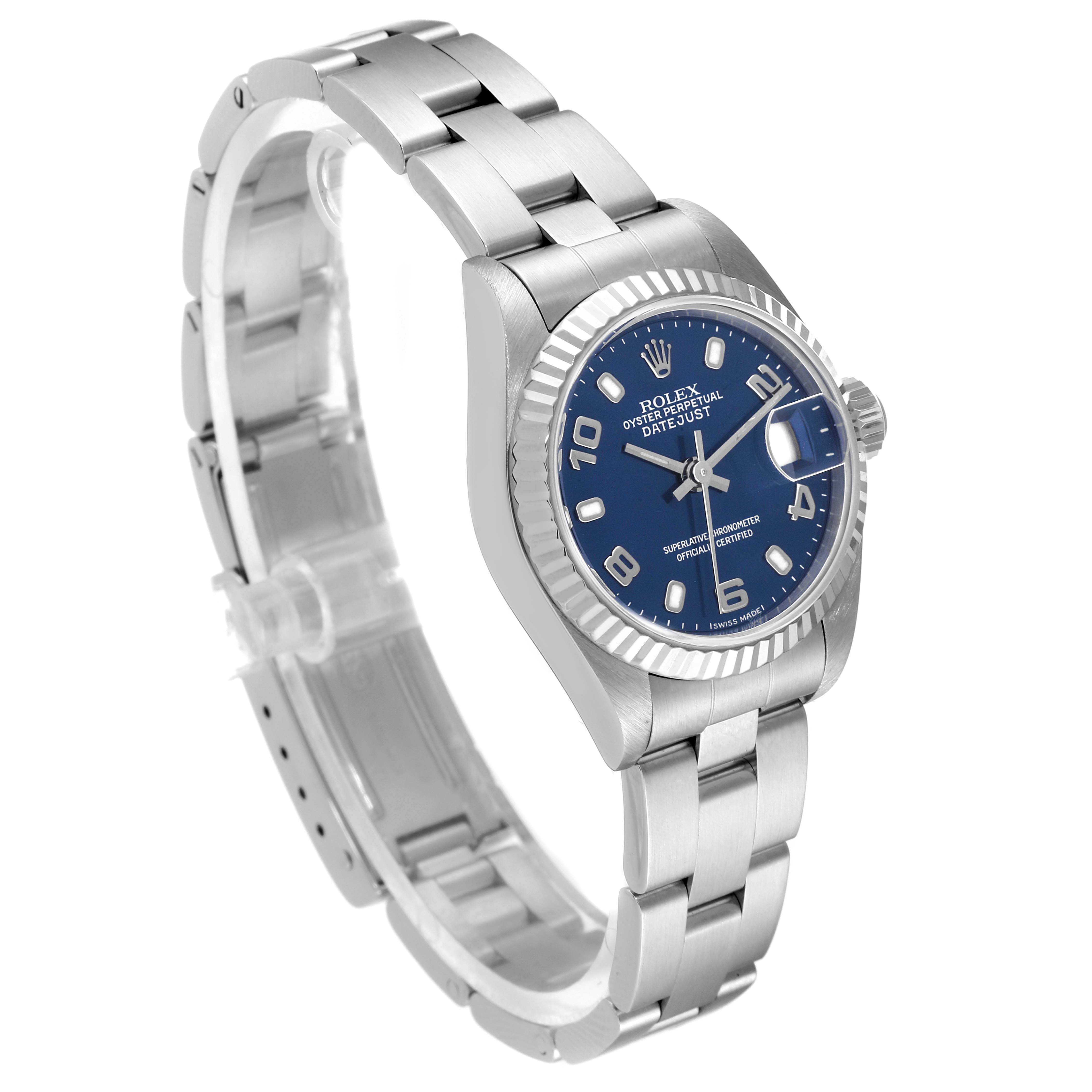 This image shows a Rolex Datejust 79174 Women's Stainless Steel Blue Dial 79174 Women's Stainless Steel Blue Dial watch at a slight angle, highlighting the bracelet, dial, and case.