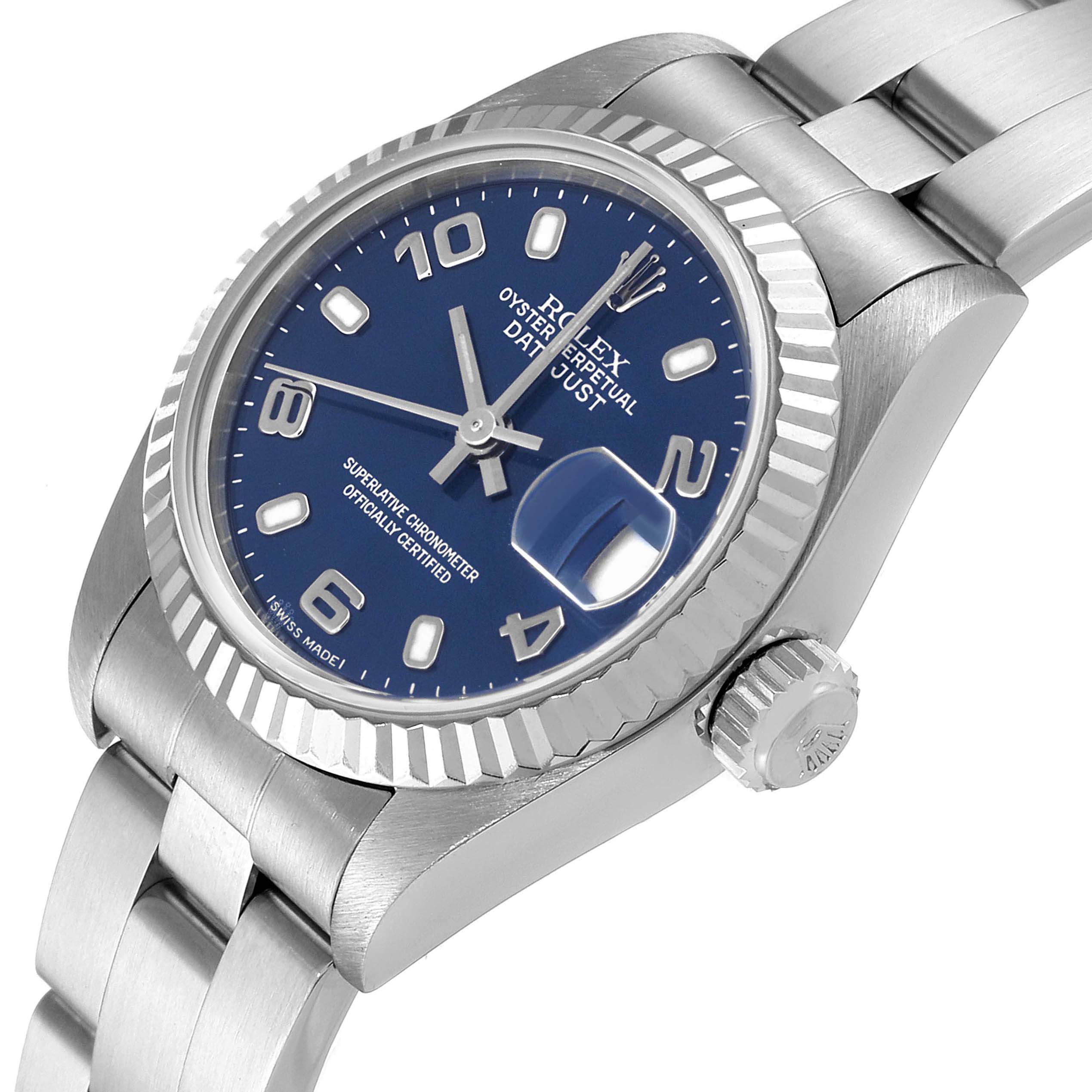 The image shows a Rolex Datejust 79174 Women's Stainless Steel Blue Dial 79174 Women's Stainless Steel Blue Dial watch from an angled side view, highlighting the dial, crown, and part of the bracelet.