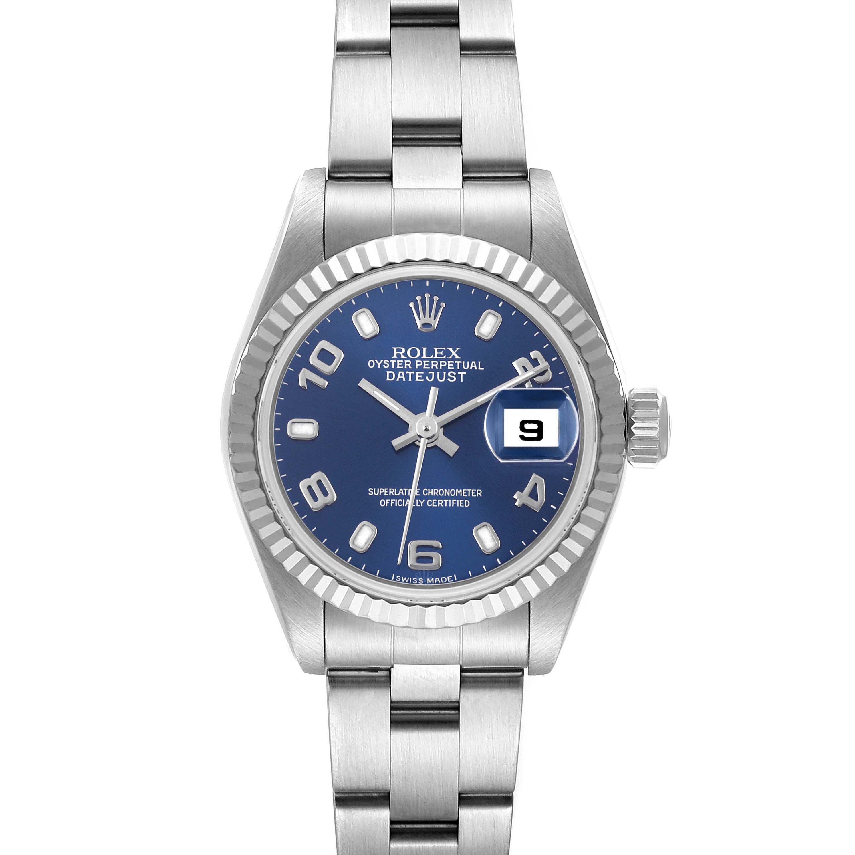 This image shows a front view of a Rolex Datejust 79174 Women's Stainless Steel Blue Dial 79174 Women's Stainless Steel Blue Dial watch, displaying its dial, bracelet, and the date window.