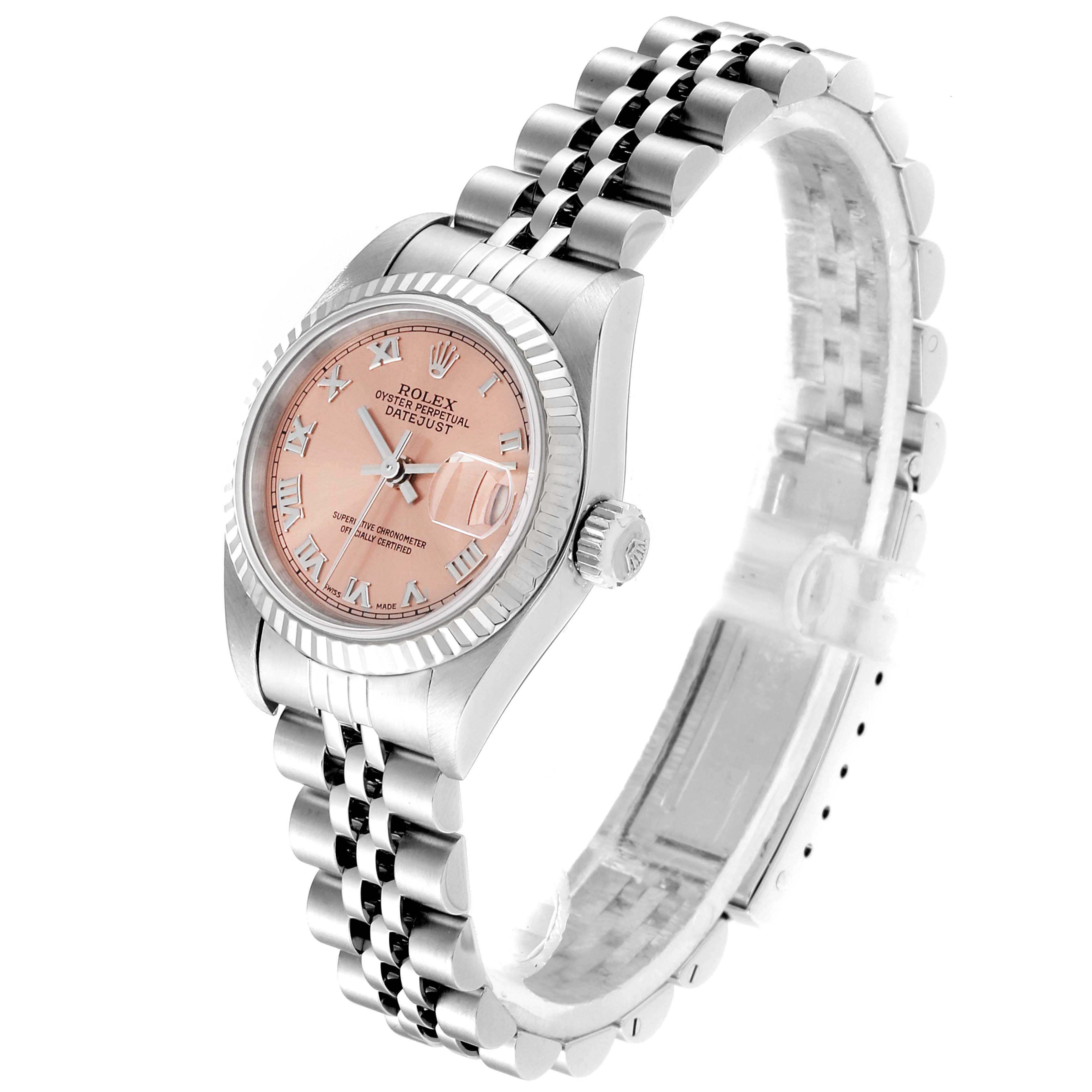 The image shows a Rolex Datejust 79174 Women's Stainless Steel Pink Dial 79174 Women's Stainless Steel Pink Dial watch at a slight angle from the front-left, highlighting its face, bezel, and bracelet.