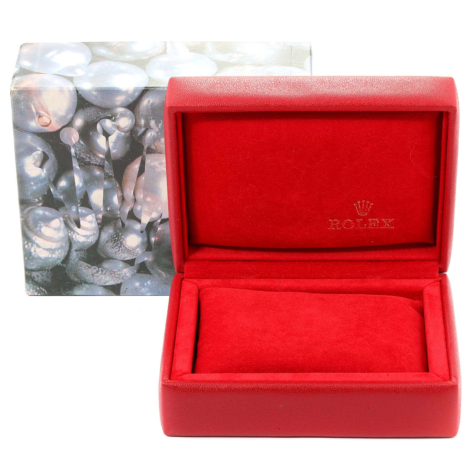 This image shows an empty red Rolex watch box, possibly for a Datejust model, with a decorative outer box in the background.