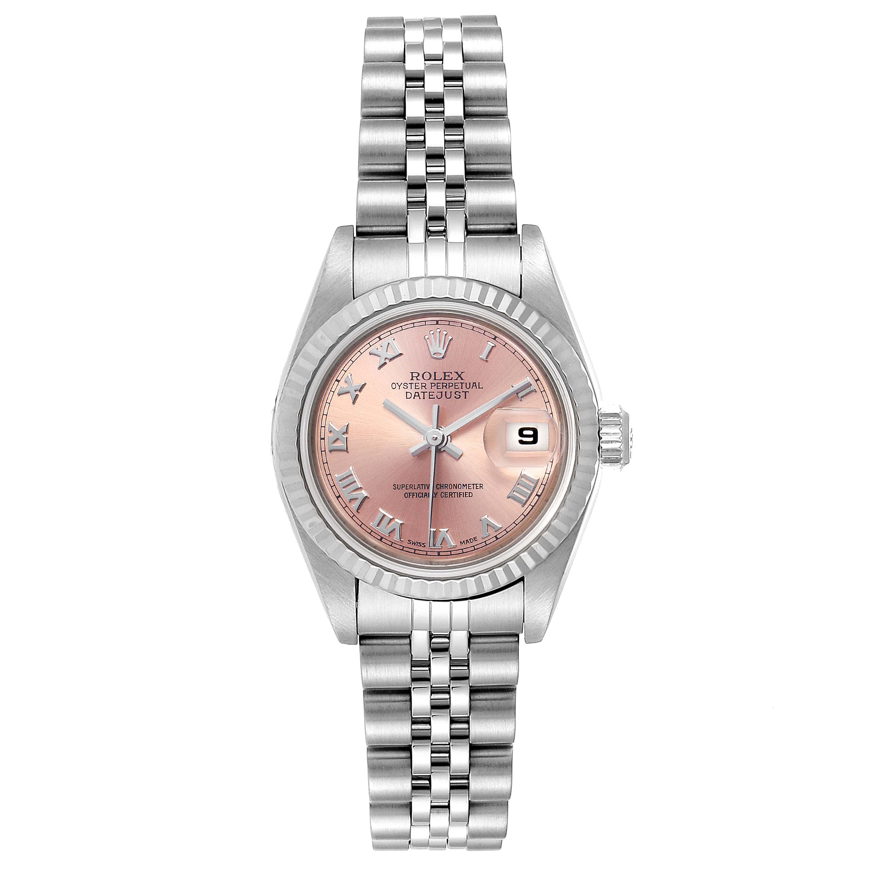 The image shows a front view of a Rolex Datejust 79174 Women's Stainless Steel Pink Dial 79174 Women's Stainless Steel Pink Dial watch, highlighting its pink dial, fluted bezel, and Jubilee bracelet.
