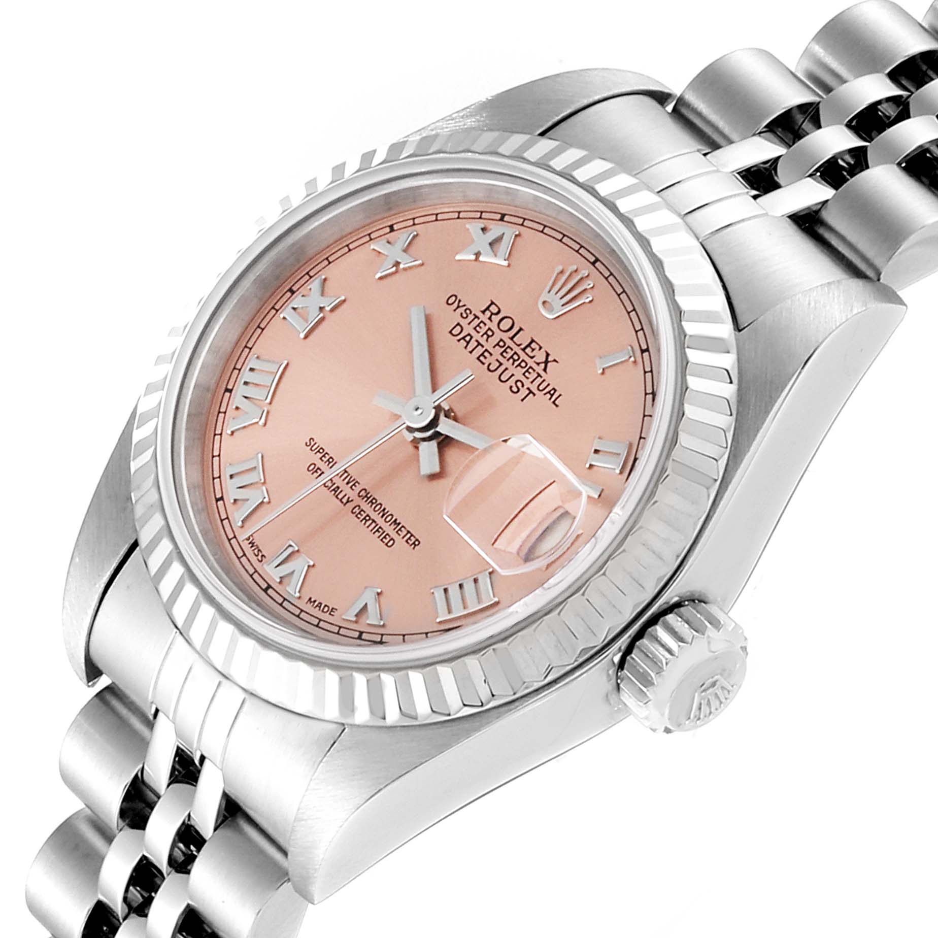 This image shows a side angle of a Rolex Datejust 79174 Women's Stainless Steel Pink Dial 79174 Women's Stainless Steel Pink Dial watch, highlighting the face, bezel, crown, and part of the strap.