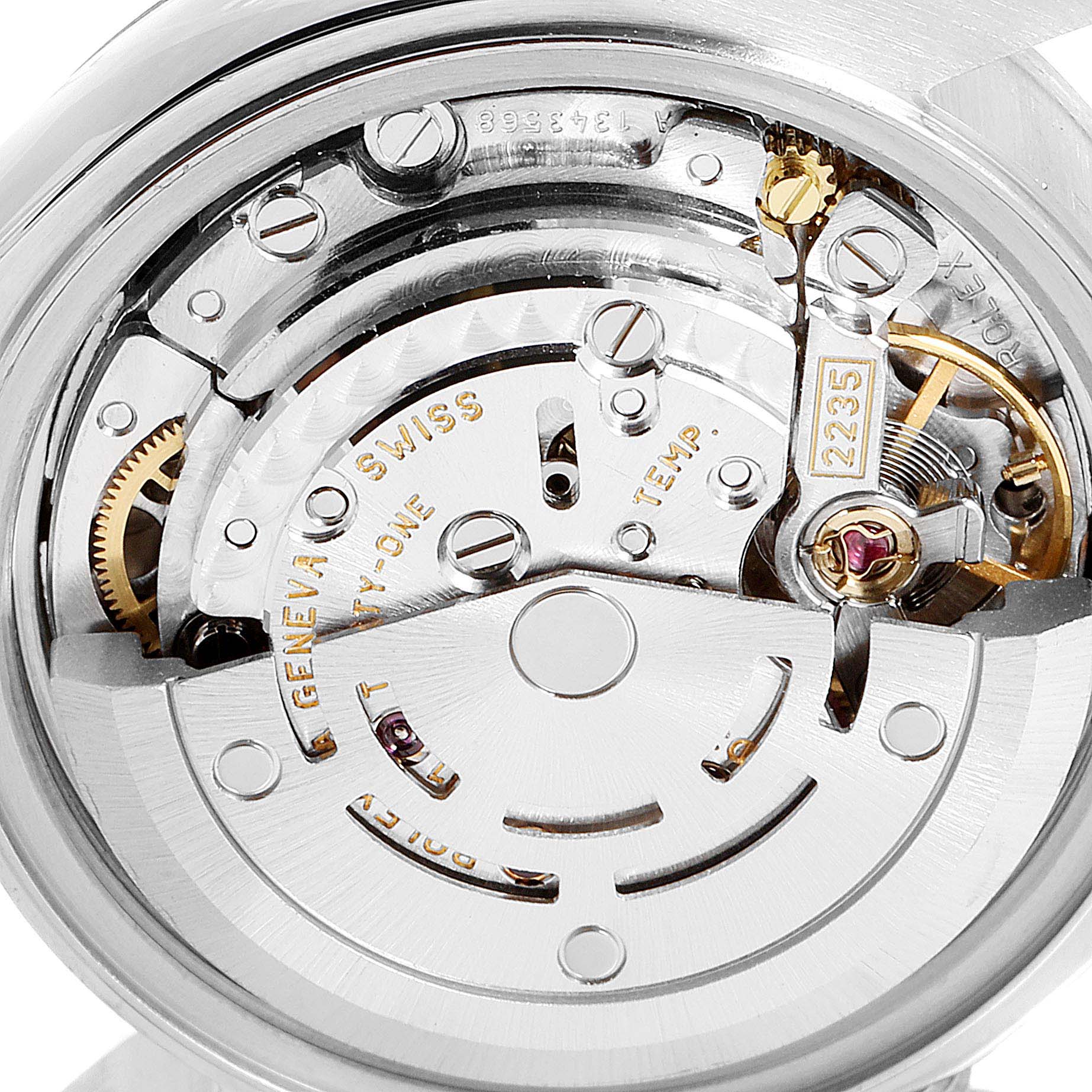 This is a close-up view of the movement mechanism of a Rolex Datejust 79174 Women's Stainless Steel Pink Dial 79174 Women's Stainless Steel Pink Dial watch.