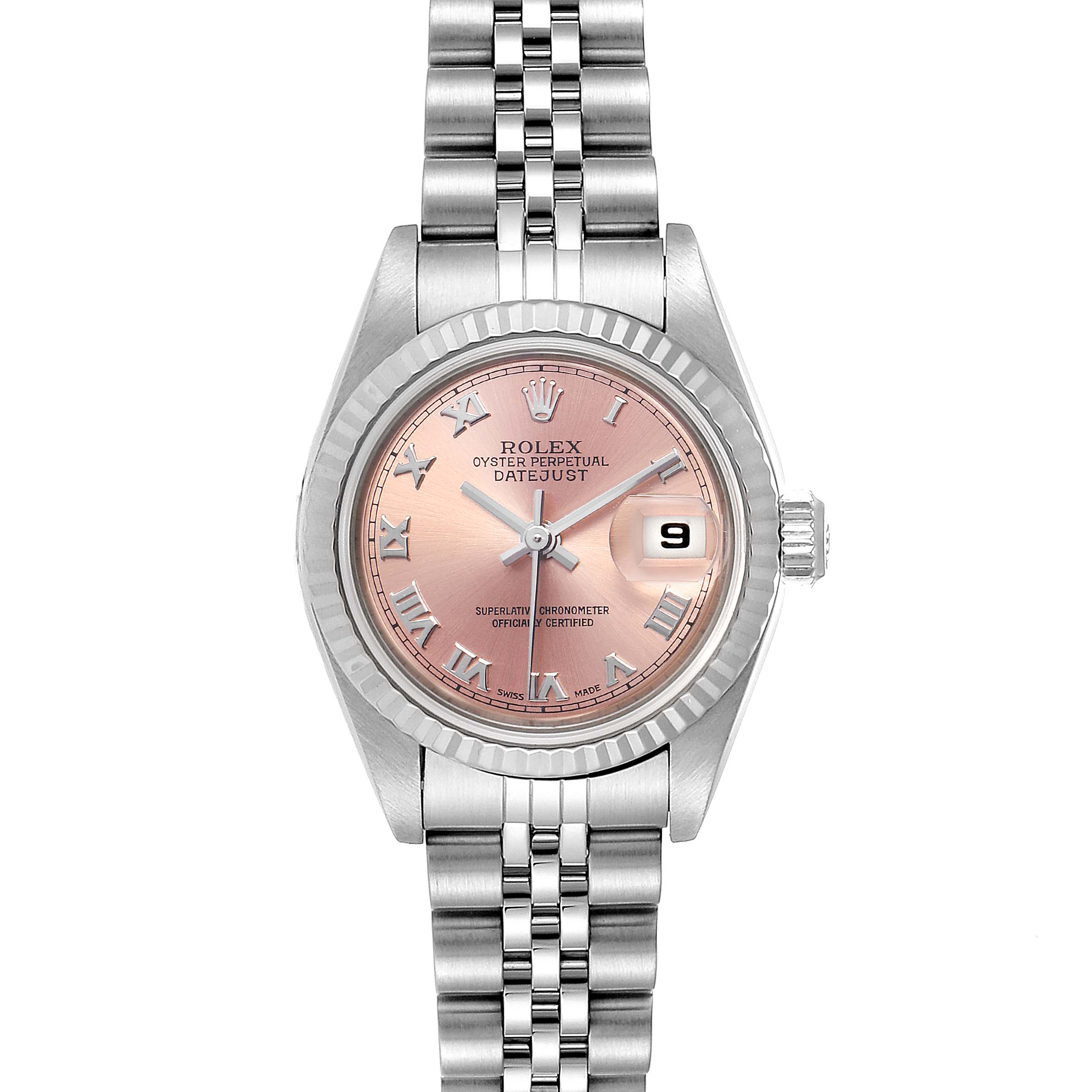 This image shows a front view of the Rolex Datejust 79174 Women's Stainless Steel Pink Dial 79174 Women's Stainless Steel Pink Dial watch, highlighting its pink dial, Roman numerals, and Jubilee bracelet.