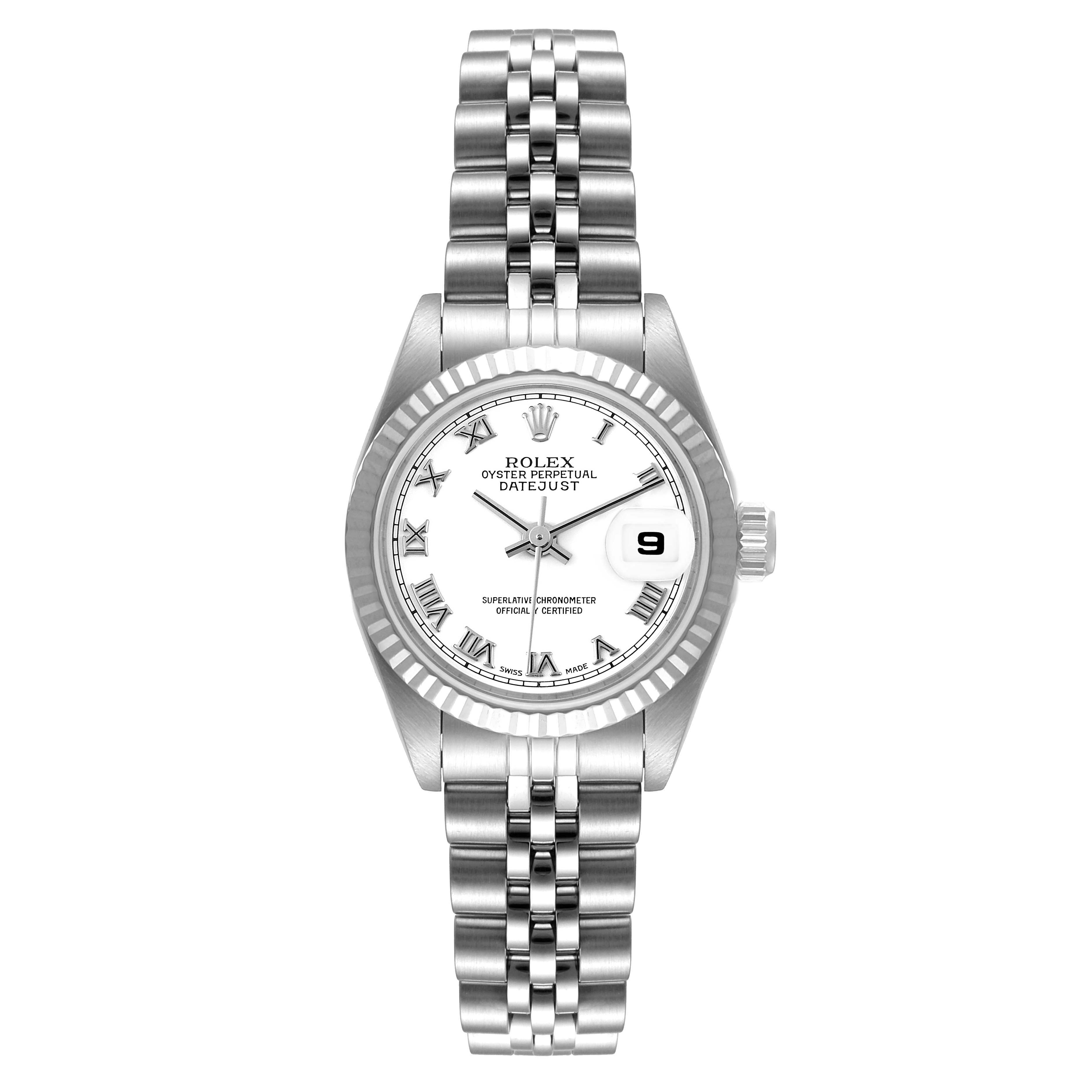 The image shows a Rolex Datejust 79174 Women's Stainless Steel White Dial 79174 Women's Stainless Steel White Dial watch from a front angle, displaying the dial, case, bezel, and bracelet.