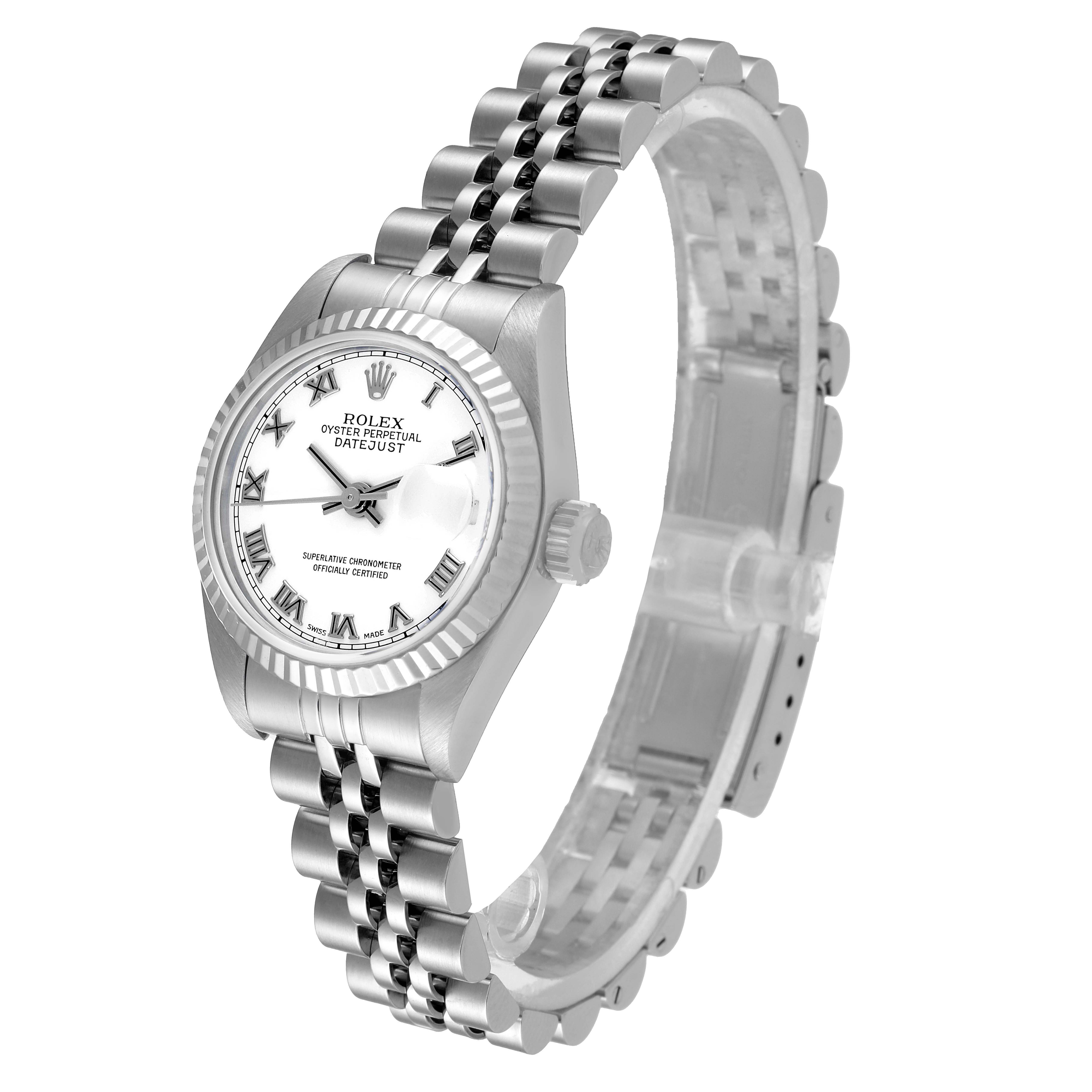 This image shows the Rolex Datejust 79174 Women's Stainless Steel White Dial 79174 Women's Stainless Steel White Dial watch at a slight top-front angle, highlighting its face and bracelet.