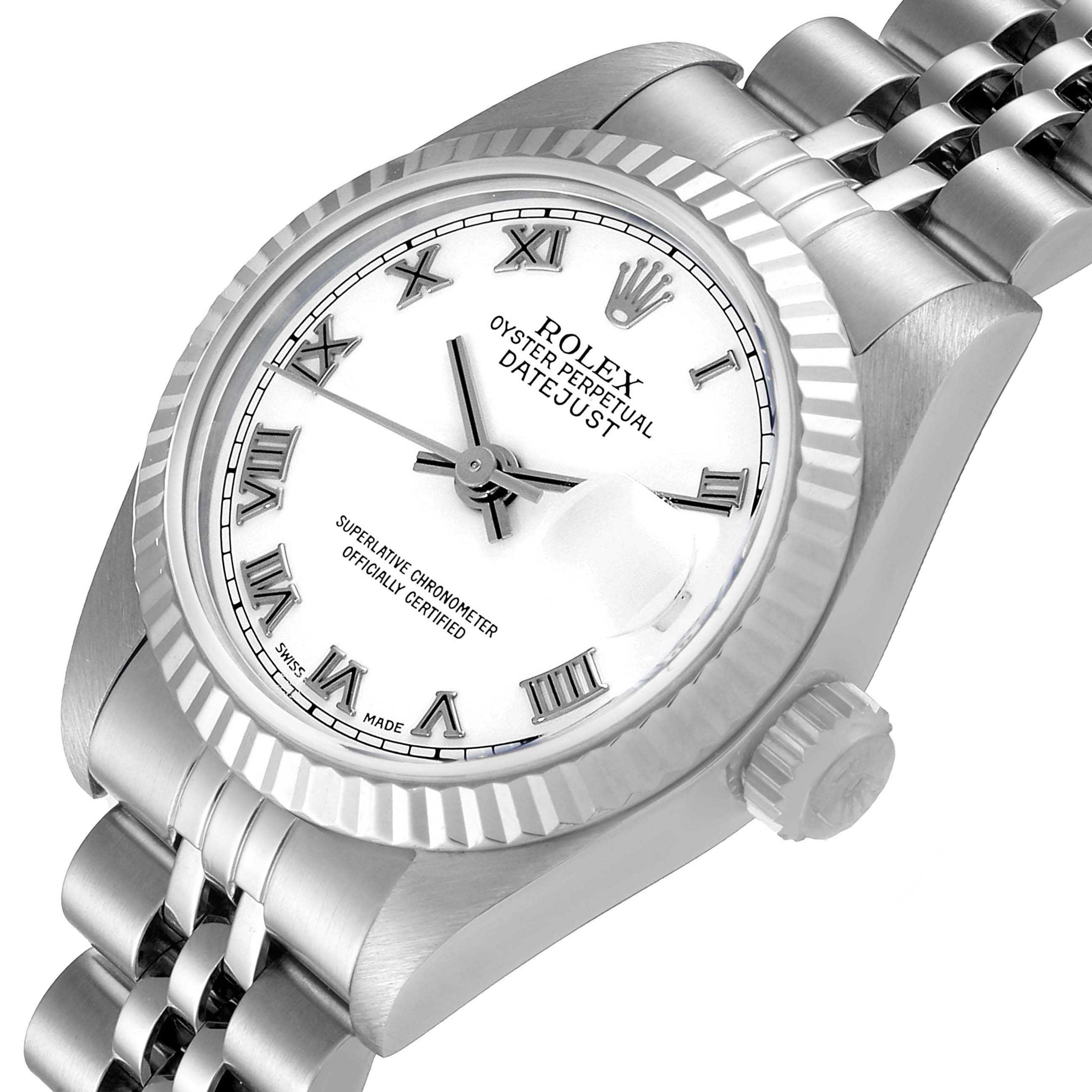 The image shows a Rolex Datejust 79174 Women's Stainless Steel White Dial 79174 Women's Stainless Steel White Dial watch at a slight angle, highlighting the dial, bezel, crown, and Jubilee bracelet.