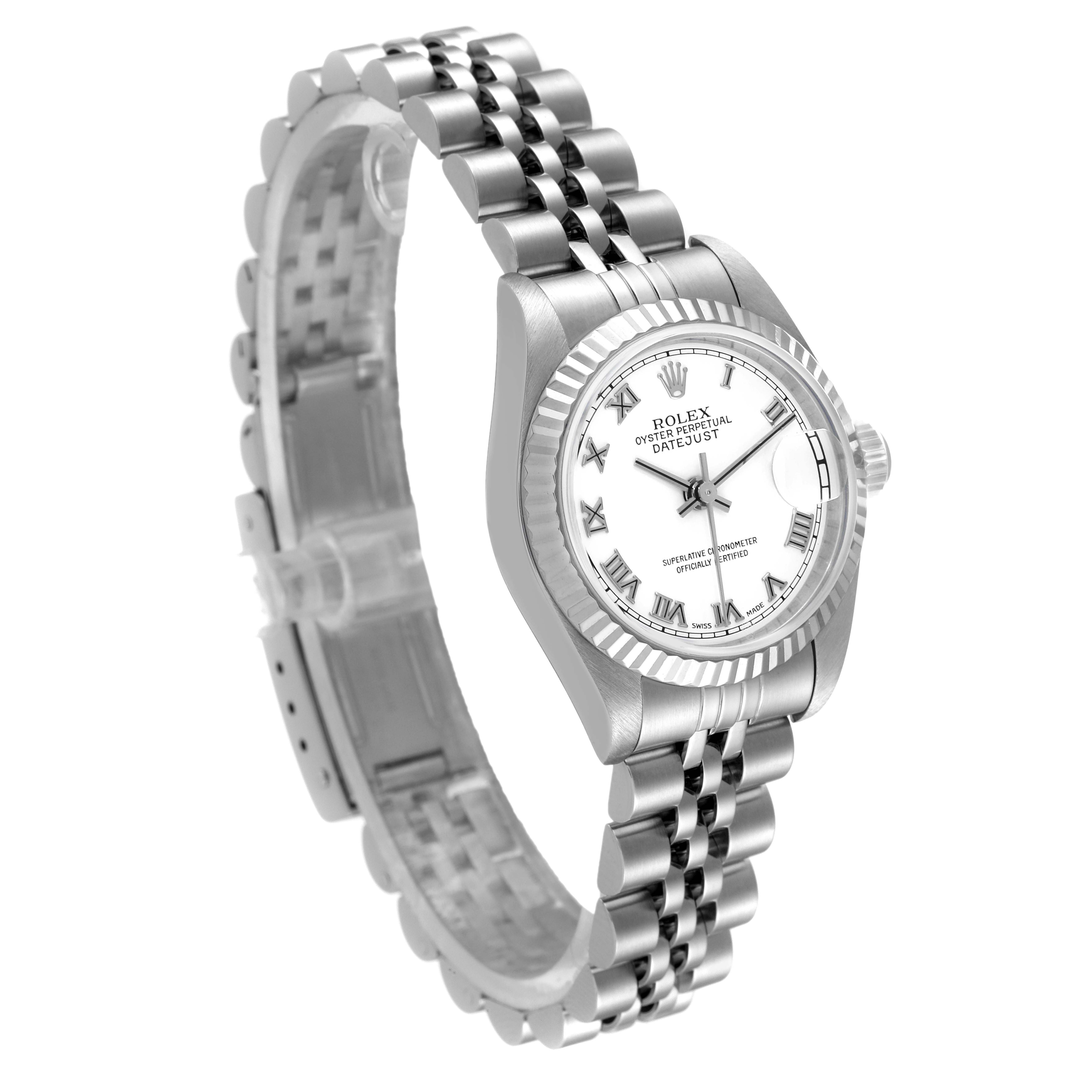 This image shows a side angle of the Rolex Datejust 79174 Women's Stainless Steel White Dial 79174 Women's Stainless Steel White Dial watch, highlighting its face, bezel, and bracelet.