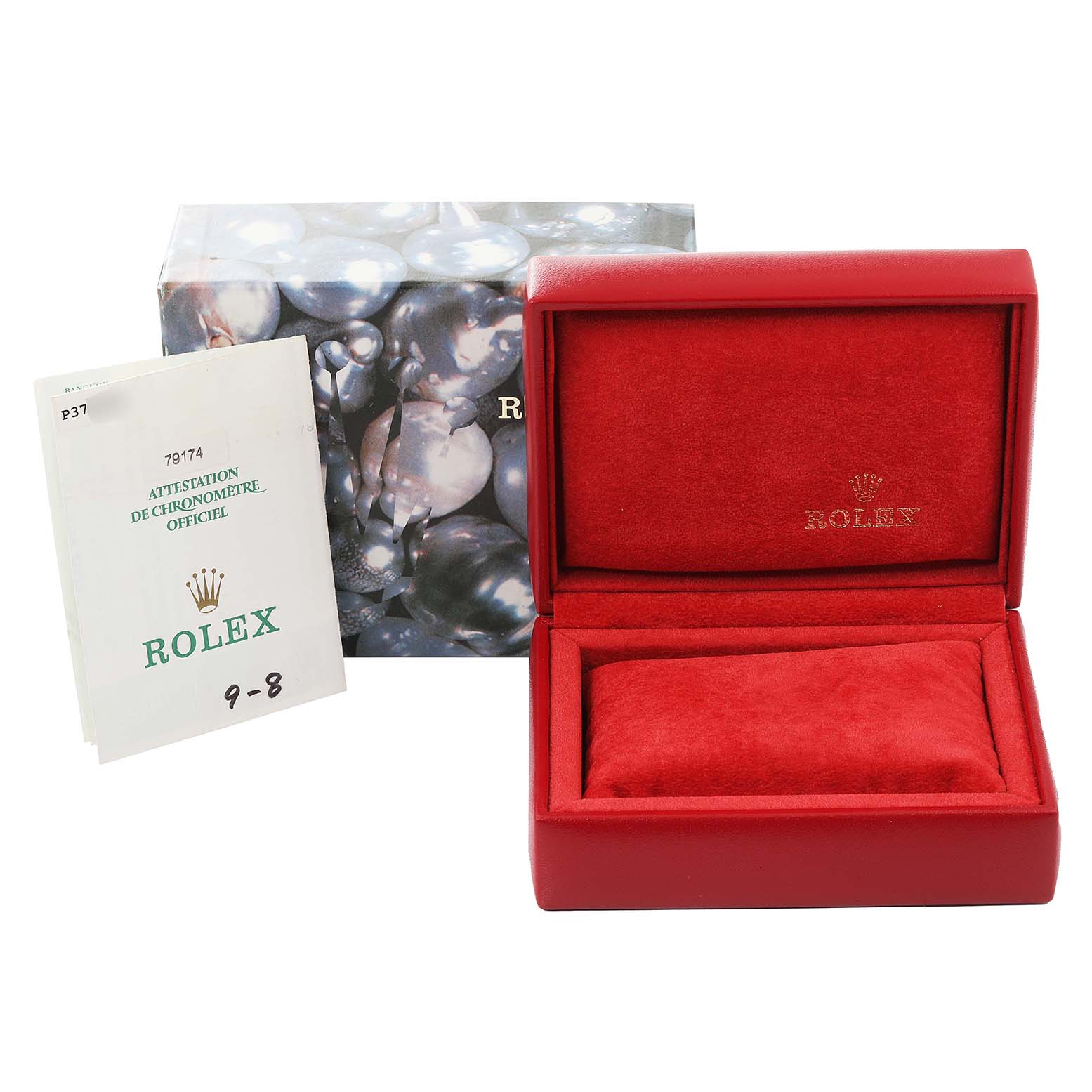 The image shows an open red Rolex watch box for the Datejust model and accompanying documents.
