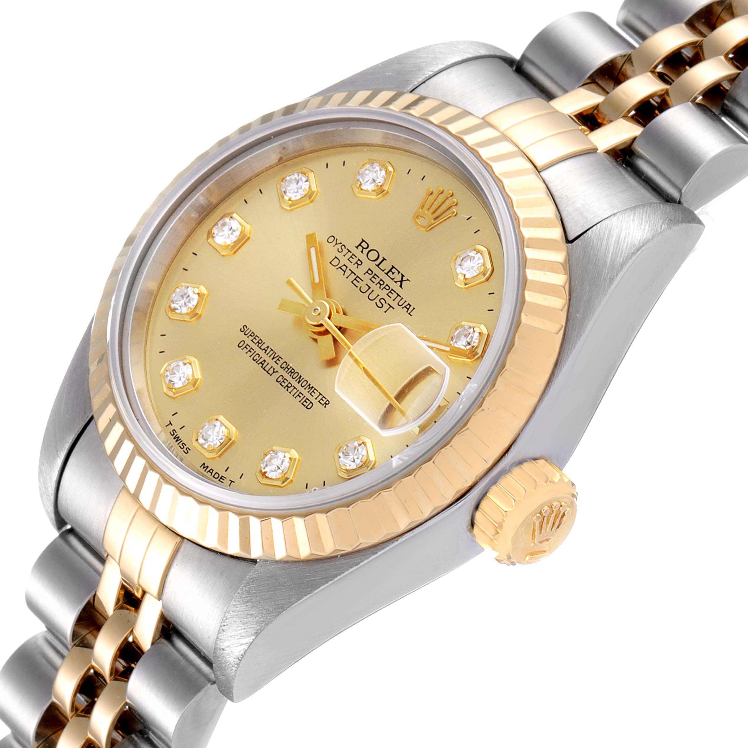 This image shows a close-up angle of a Rolex Datejust 69173 Women
s Steel and Gold (two tone) Champagne Dial 69173 Women
s Steel and Gold (two tone) Champagne Dial watch, highlighting the dial, bezel, crown, and part of the bracelet.