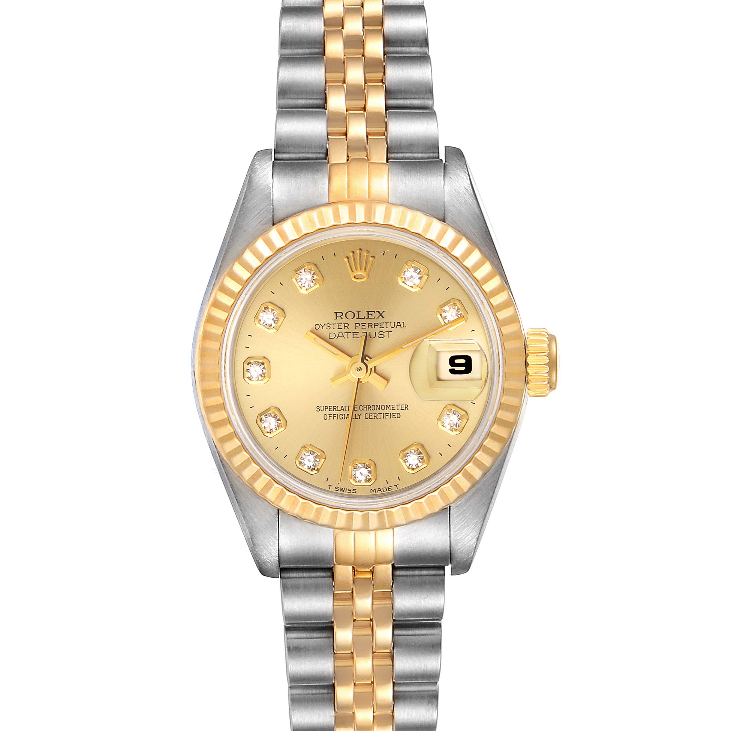 The image shows a front view of a Rolex Datejust 69173 Women
s Steel and Gold (two tone) Champagne Dial 69173 Women
s Steel and Gold (two tone) Champagne Dial watch with a jubilee bracelet, gold dial, and diamond hour markers.