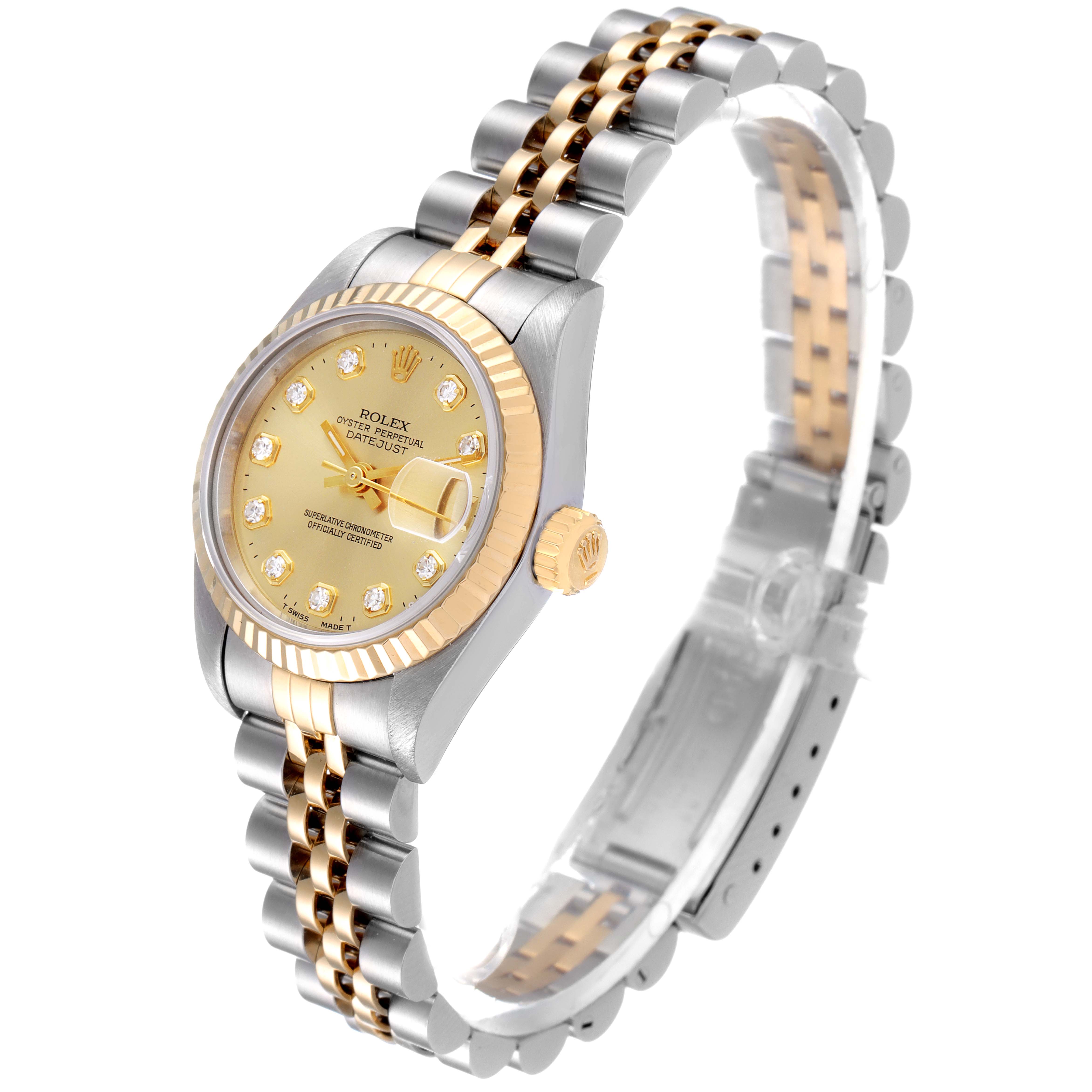 The Rolex Datejust 69173 Women
s Steel and Gold (two tone) Champagne Dial 69173 Women
s Steel and Gold (two tone) Champagne Dial watch is shown at a slight angle displaying the dial, bezel, bracelet, and crown.