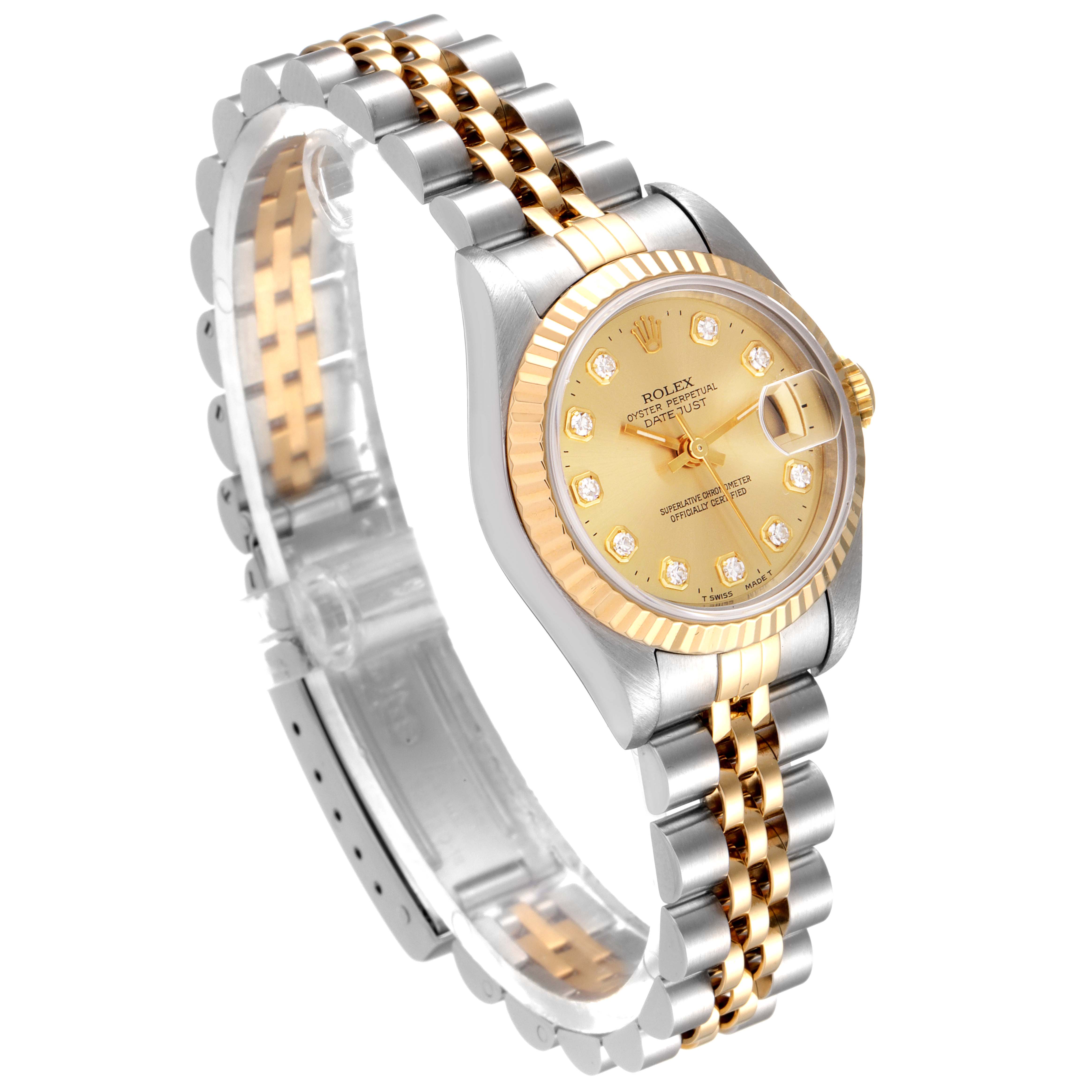 The image shows a Rolex Datejust 69173 Women
s Steel and Gold (two tone) Champagne Dial 69173 Women
s Steel and Gold (two tone) Champagne Dial watch at a three-quarter angle showcasing its face, jubilee bracelet, and side view of the case.