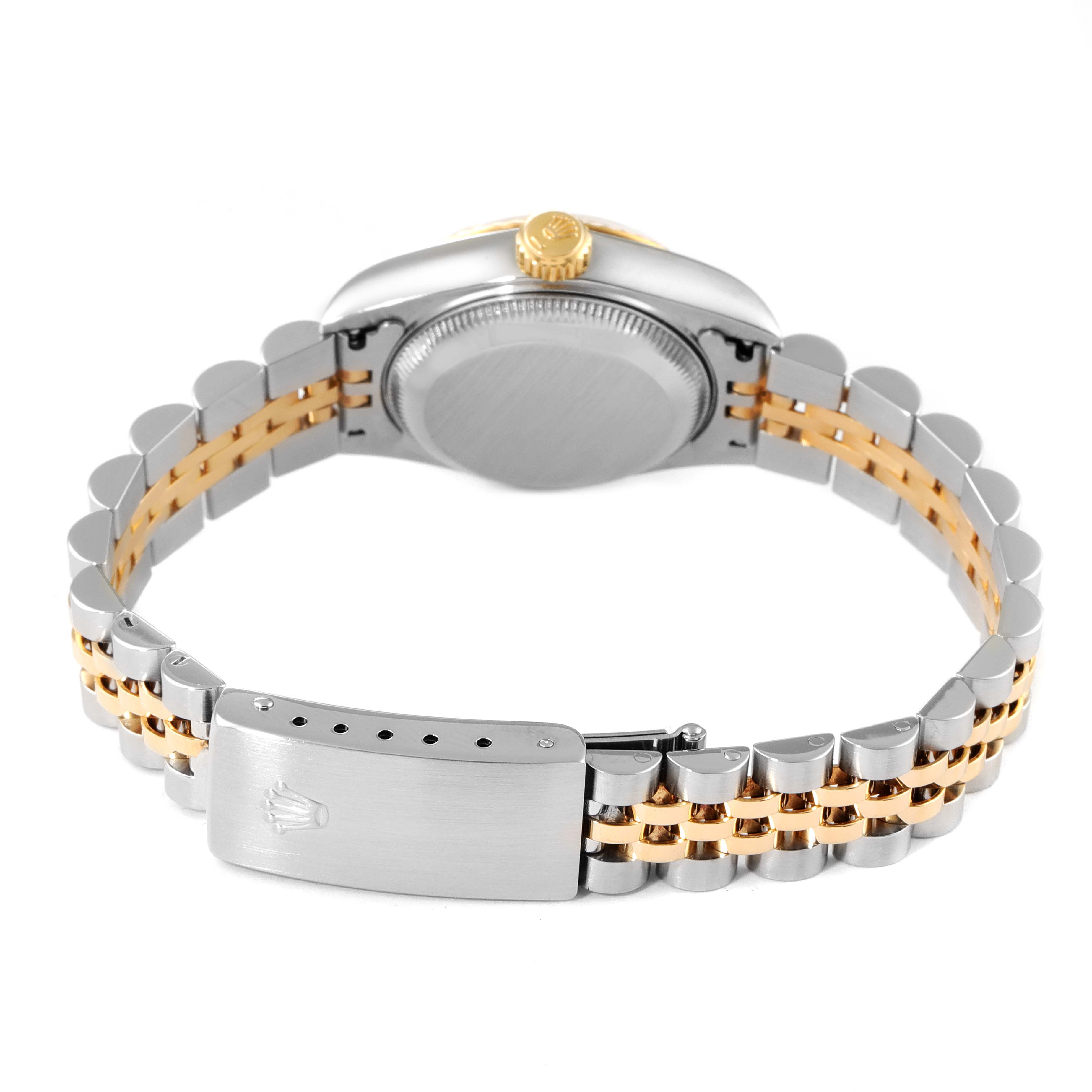 The image shows the back and clasp of a Rolex Datejust 69173 Women
s Steel and Gold (two tone) Champagne Dial 69173 Women
s Steel and Gold (two tone) Champagne Dial watch, highlighting its two-tone bracelet.