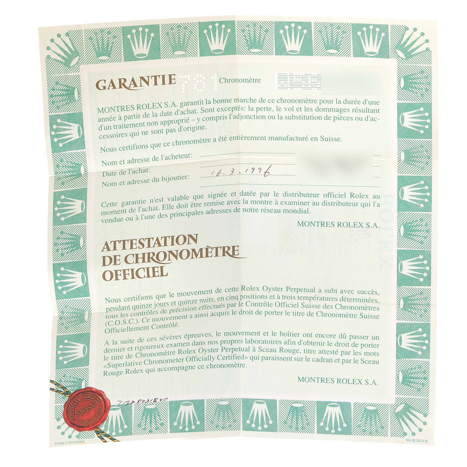 The image shows the official guarantee and chronometer certification for a Rolex Datejust 69173 Women
s Steel and Gold (two tone) Champagne Dial 69173 Women
s Steel and Gold (two tone) Champagne Dial watch.