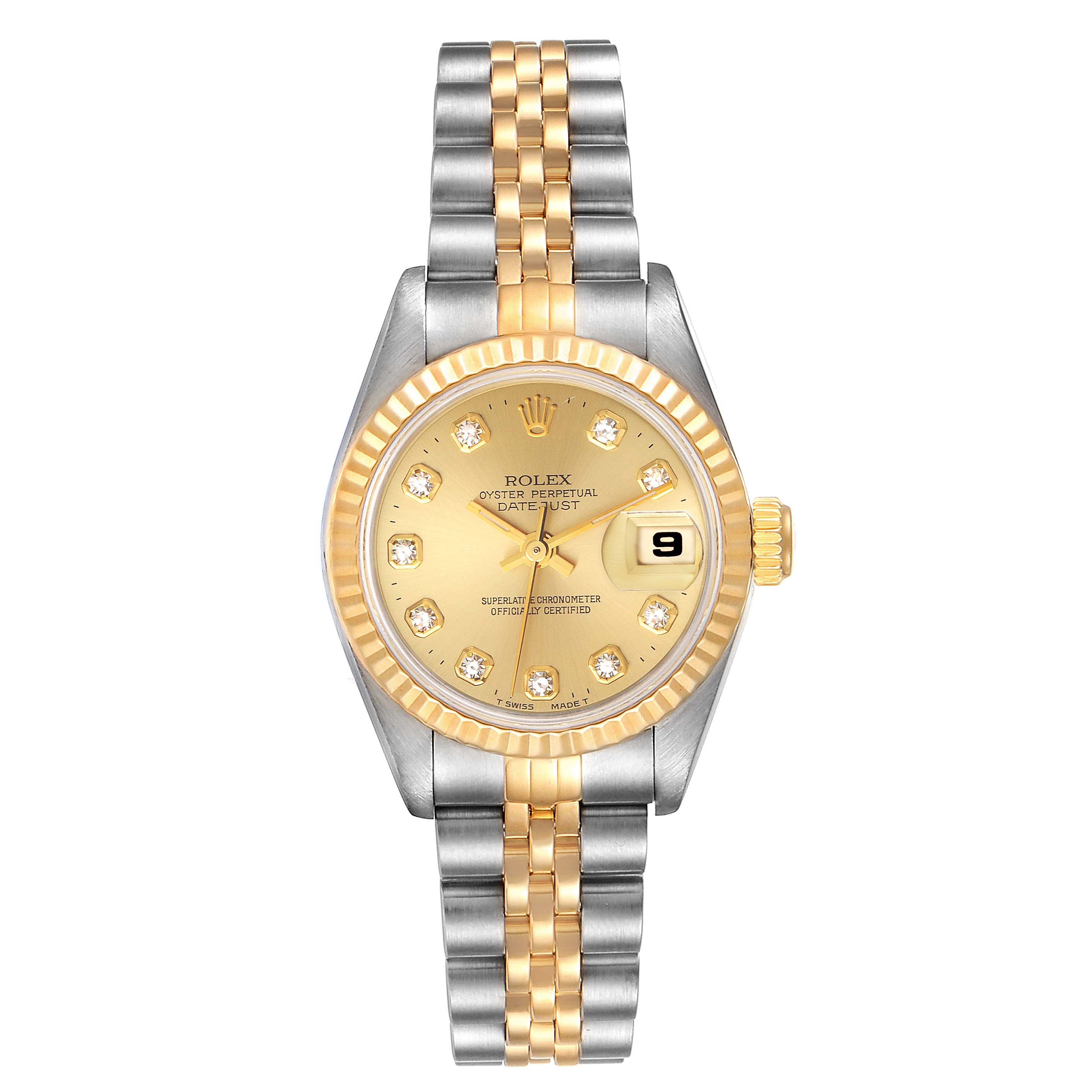 This image shows a front view of a Rolex Datejust 69173 Women
s Steel and Gold (two tone) Champagne Dial 69173 Women
s Steel and Gold (two tone) Champagne Dial watch, highlighting its two-tone bracelet, fluted bezel, and diamond hour markers.